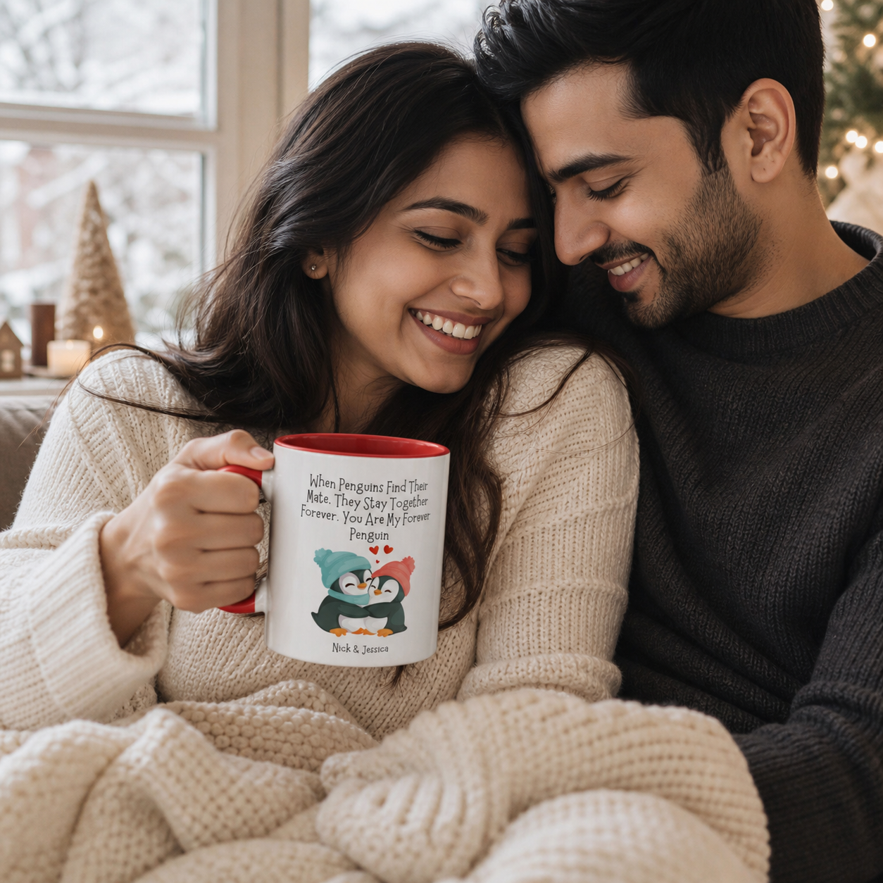 Young couple holding personalized red-accent Forever Penguin mug at home