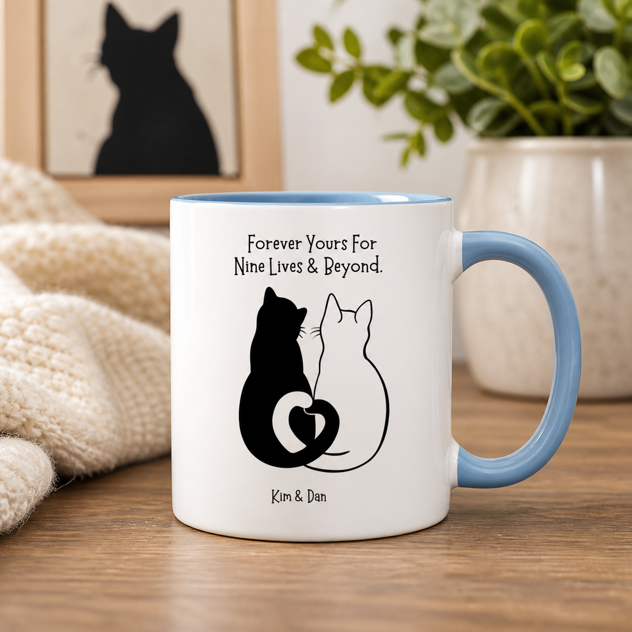 Personalized Forever Yours for Nine Lives light blue accent mug in a cozy home