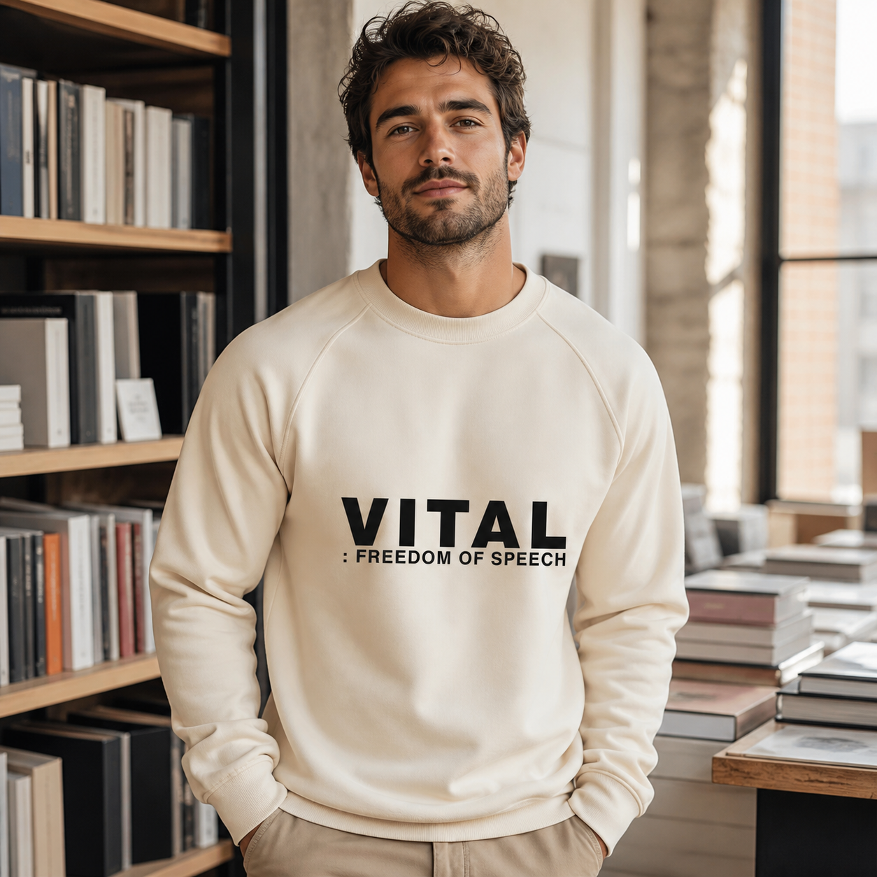 Man wearing cream Vital Freedom of Speech graphic crewneck sweatshirt