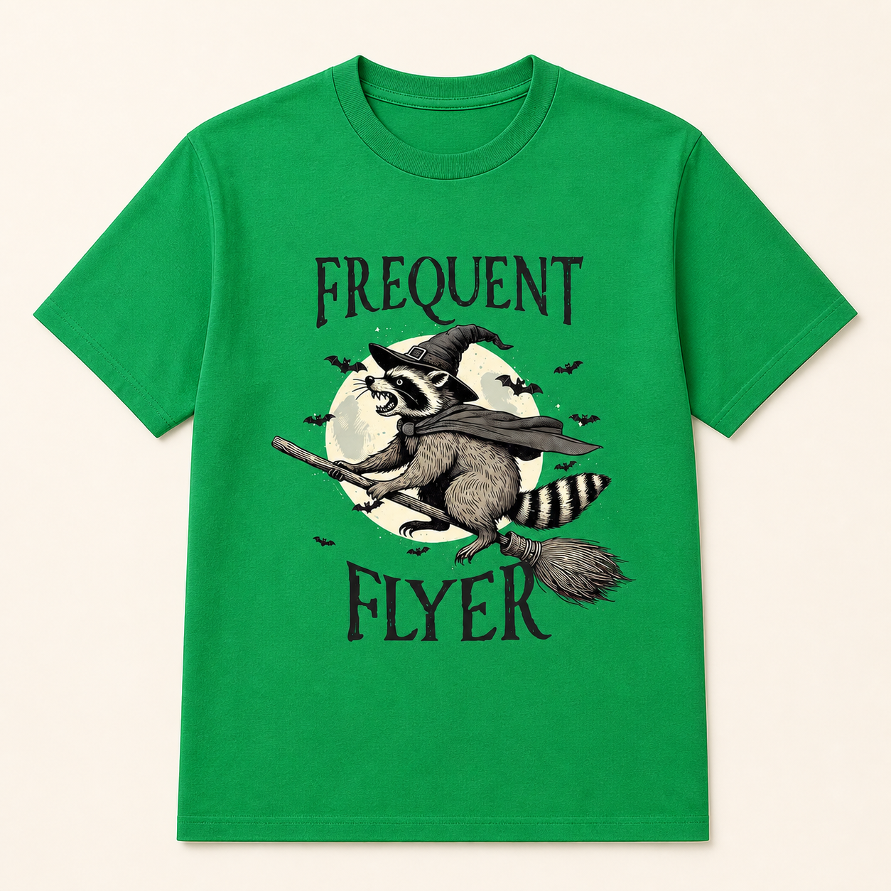 Irish green Frequent Flyer witch raccoon T-shirt front view