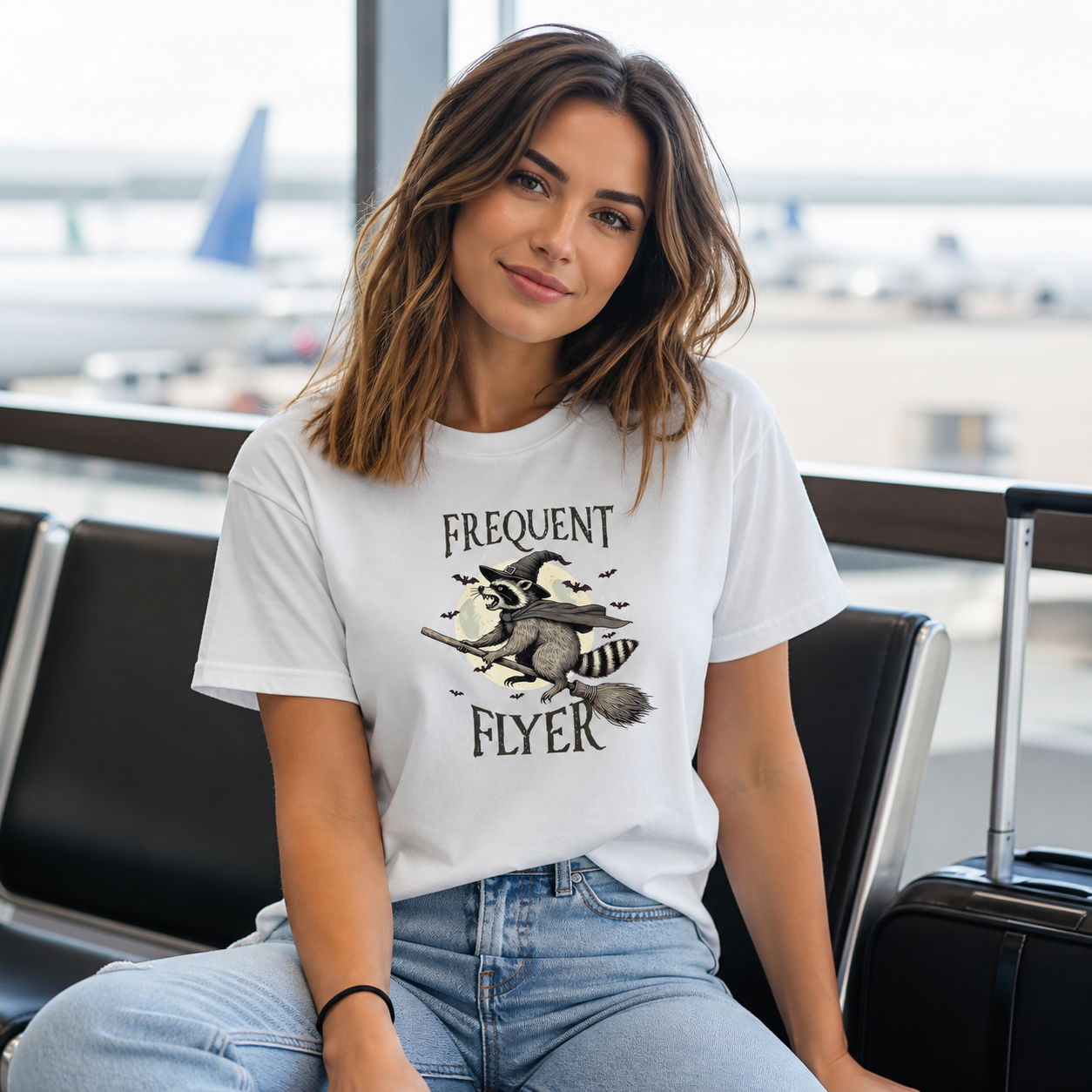 Young traveler wearing Frequent Flyer witch raccoon graphic T-shirt at an airport