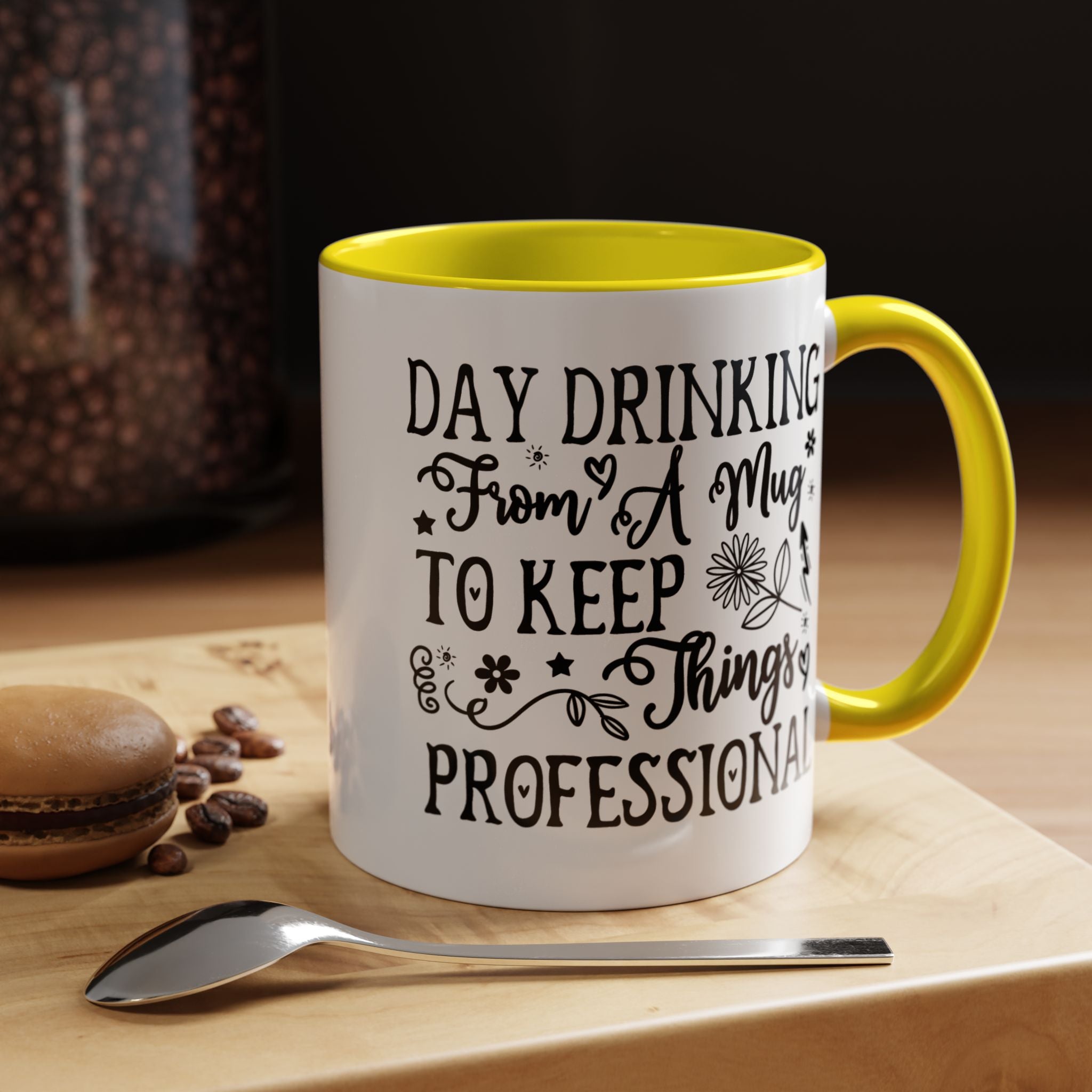 Funny Coffee Mug, Personalized Mug, Day Drinking From A Mug To Keep Things Professional Accent Cup (11, 15oz), Gift Under 20, White Elephant