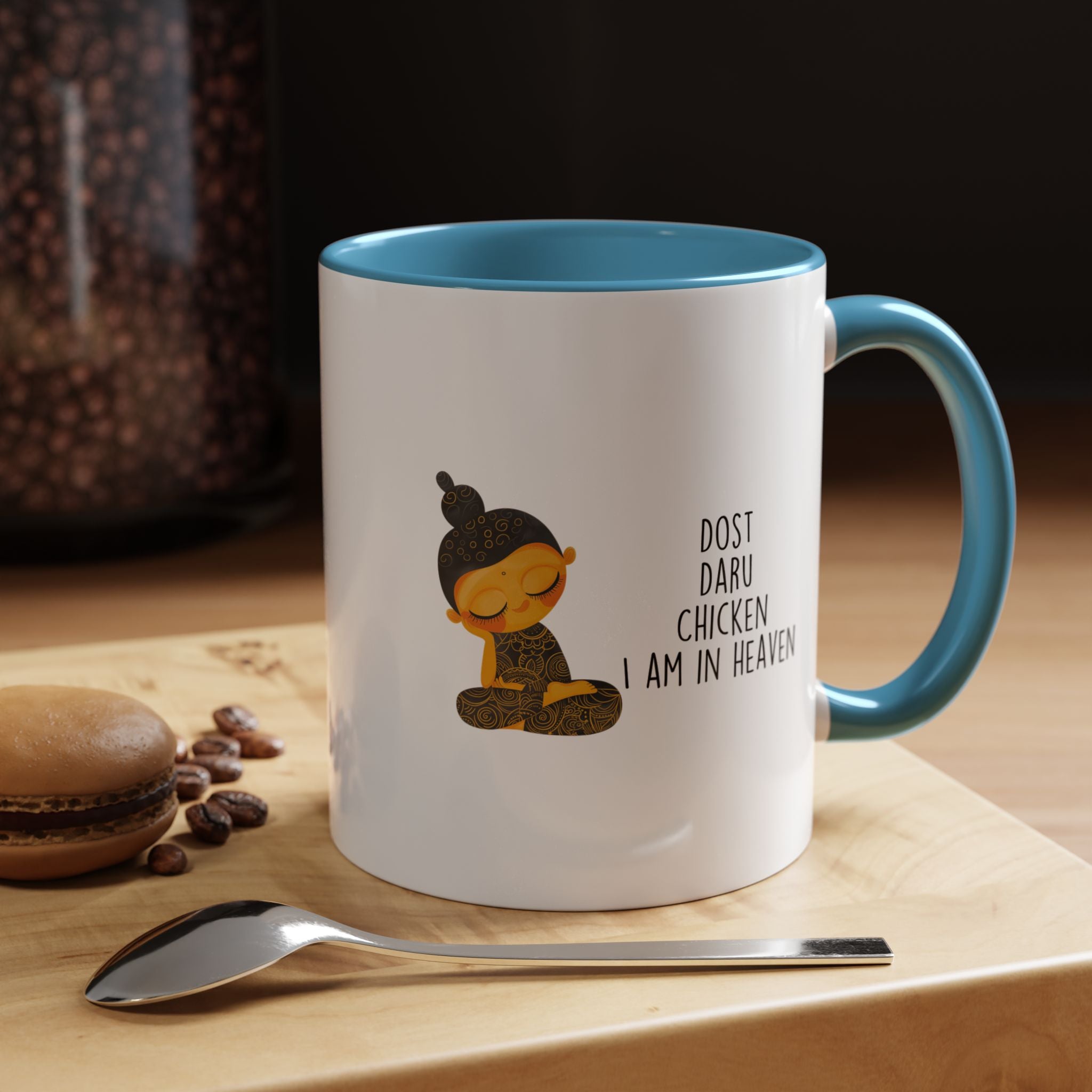 Funny Coffee Mug, Personalized Mug, Desi Roots Mug Dost Daru Chicken I am in Heaven Accent Cup (11/15oz), Gift Under 20, White Elephant