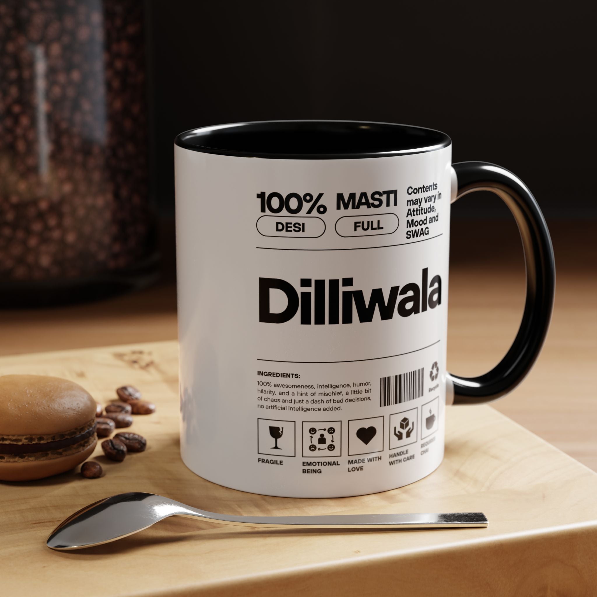 Funny Coffee Mug, Personalized Mug, Dilliwala Desi Roots Indian Accent Chai Cup (11/15oz), Gift Under 20, white elephant, brown humor