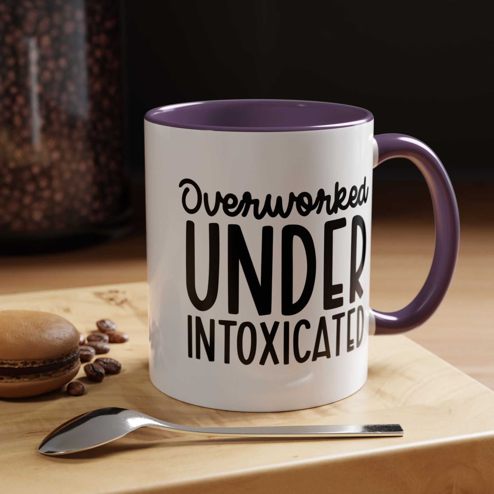 Funny Coffee Mug, Personalized Mug, Overworked Under Intoxicated Accent Cup (11, 15oz), Gift Under 20, White Elephant gift