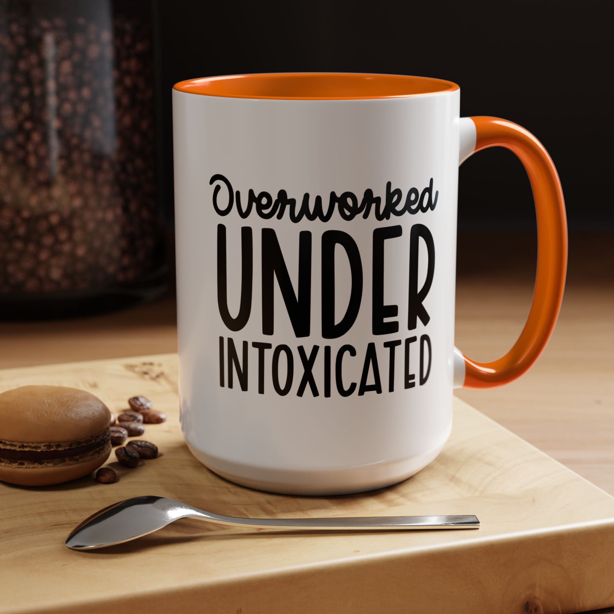 Funny Coffee Mug, Personalized Mug, Overworked Under Intoxicated Accent Cup (11, 15oz), Gift Under 20, White Elephant gift