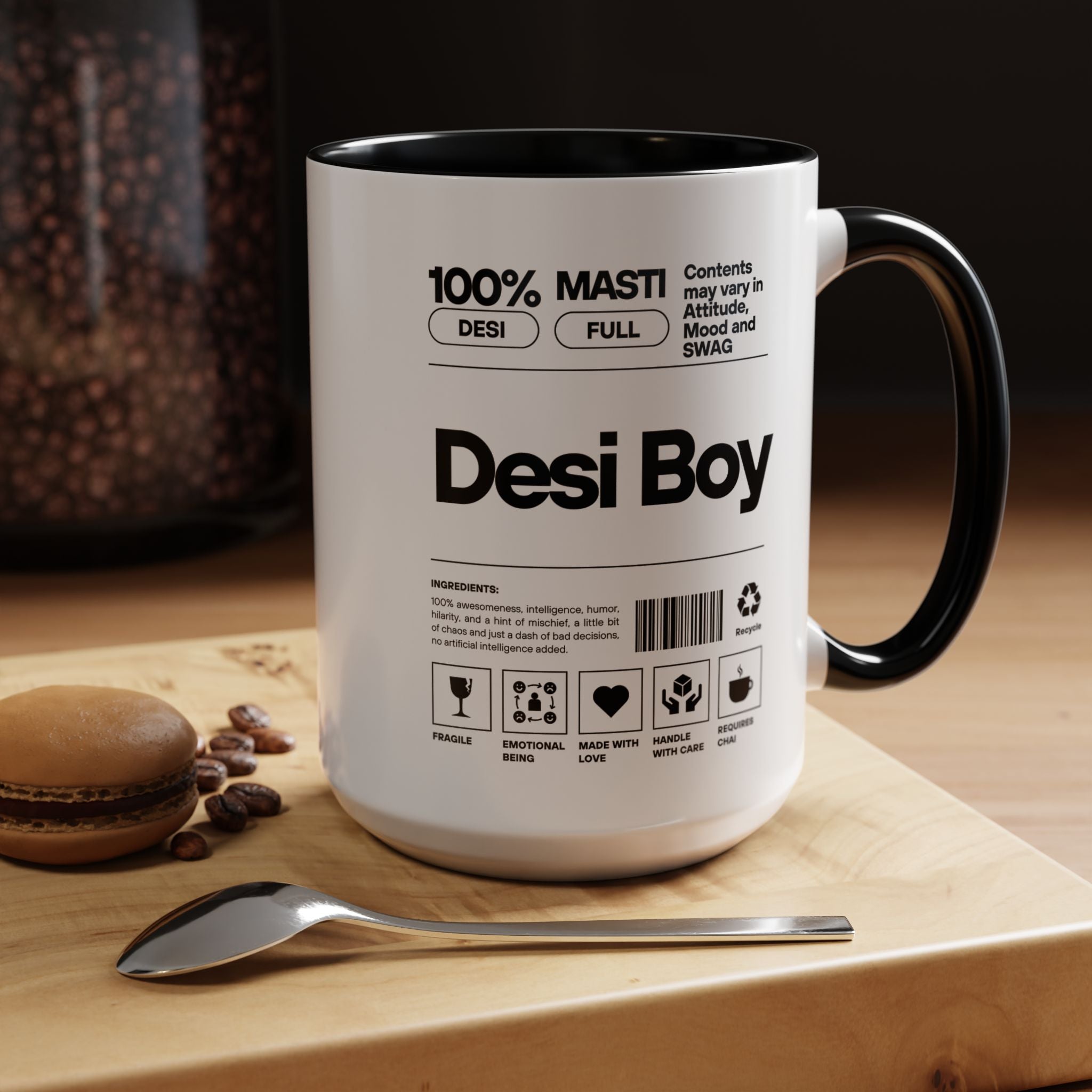 Funny Coffee Mug, Personalized Mug, Desi Boy Desi Roots Indian Accent Chai Cup (11/15oz), Gift Under 20, white elephant, brown humor
