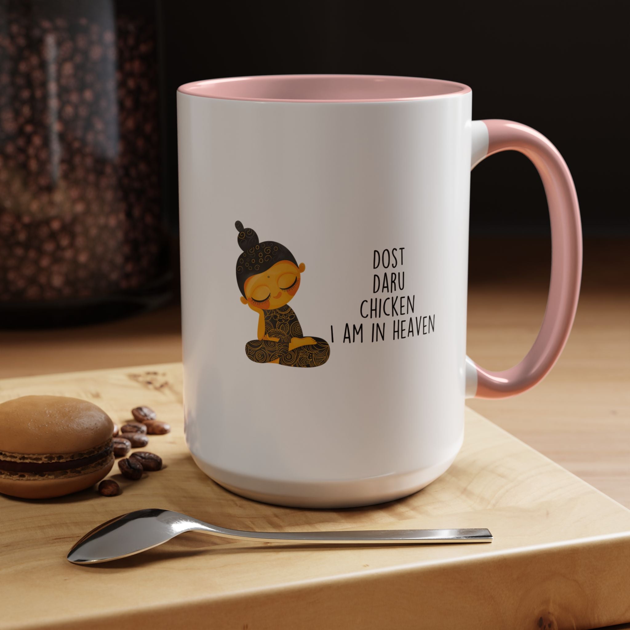 Funny Coffee Mug, Personalized Mug, Desi Roots Mug Dost Daru Chicken I am in Heaven Accent Cup (11/15oz), Gift Under 20, White Elephant