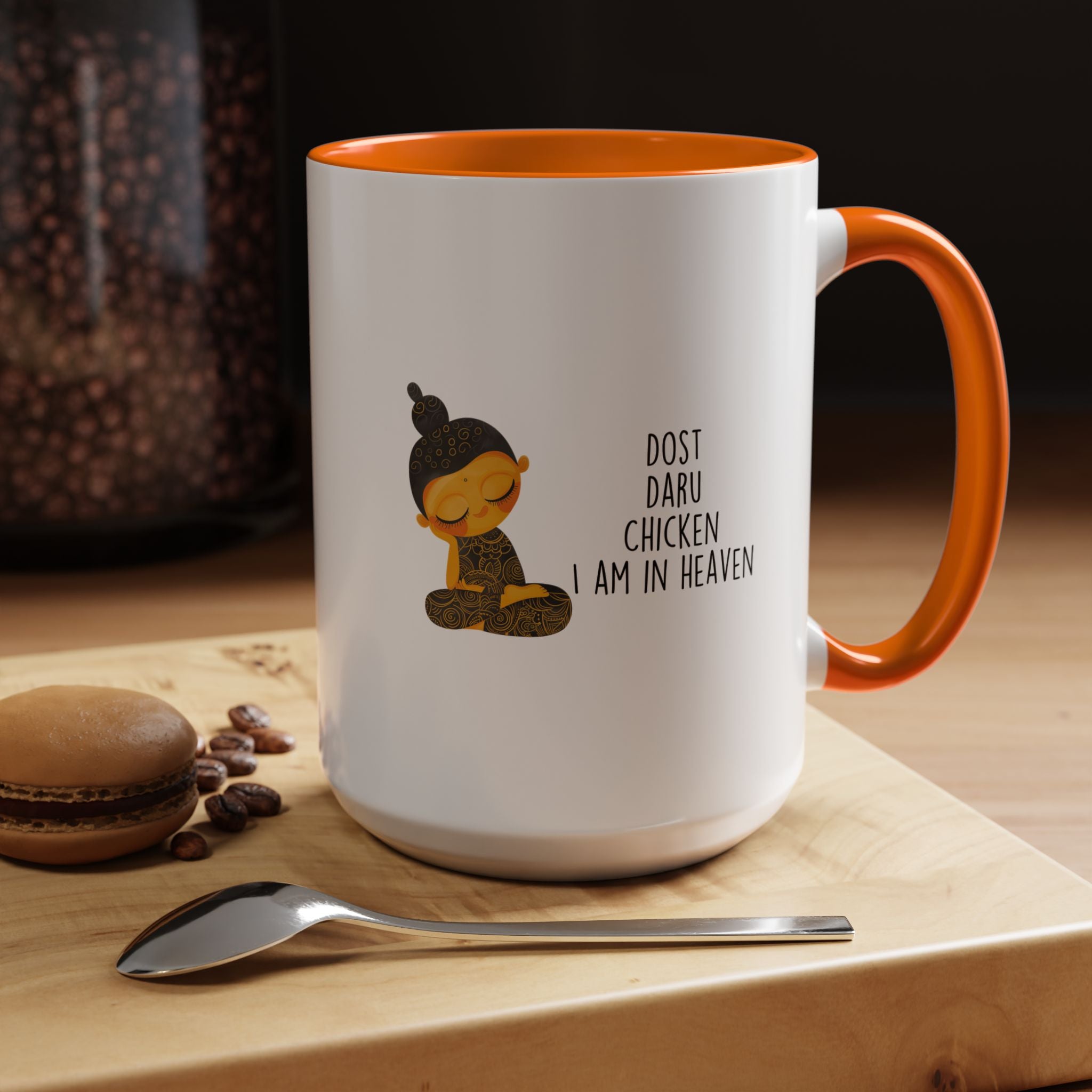 Funny Coffee Mug, Personalized Mug, Desi Roots Mug Dost Daru Chicken I am in Heaven Accent Cup (11/15oz), Gift Under 20, White Elephant