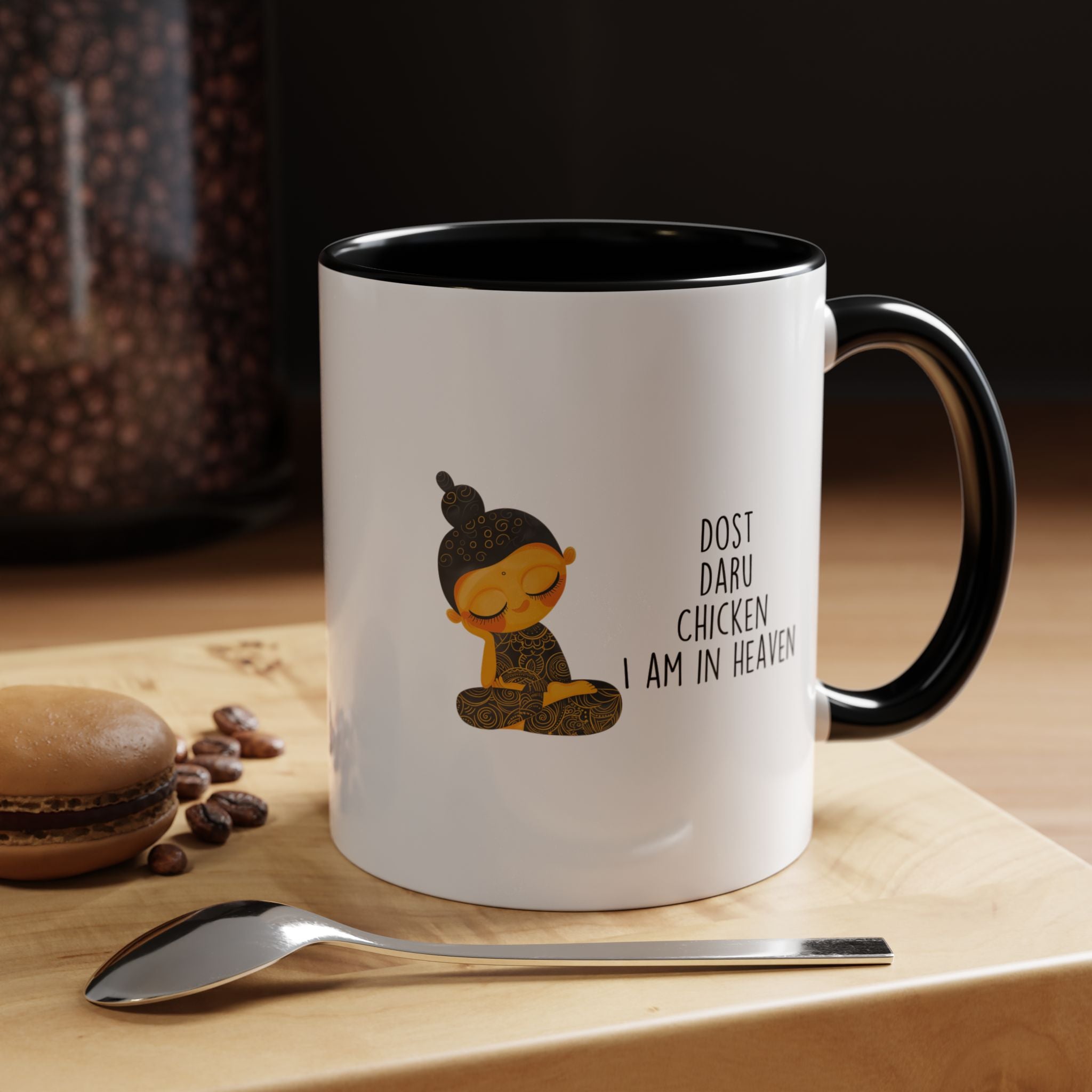 Funny Coffee Mug, Personalized Mug, Desi Roots Mug Dost Daru Chicken I am in Heaven Accent Cup (11/15oz), Gift Under 20, White Elephant