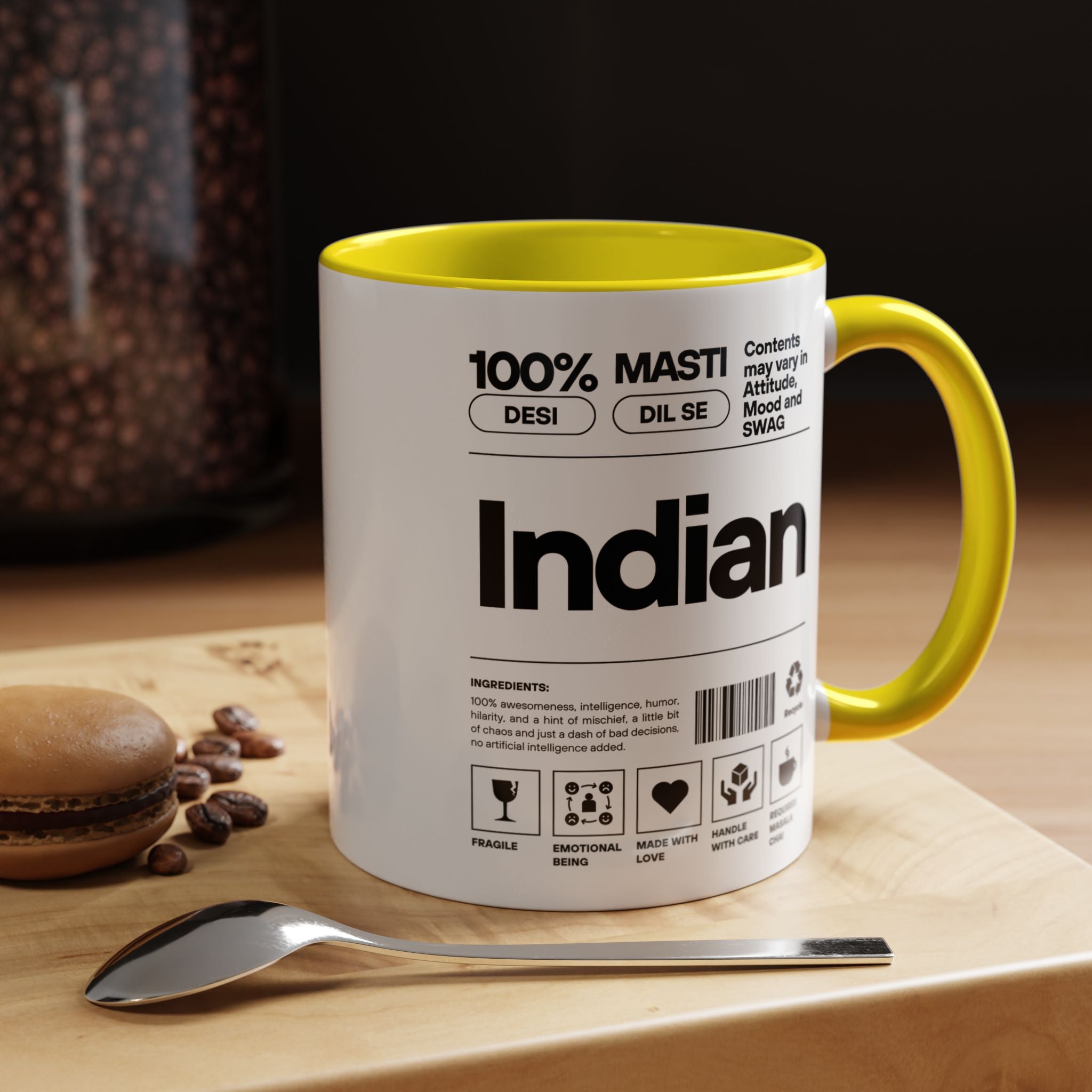 Funny Coffee Mug, Personalized Mug, Indian Desi Roots Indian Accent Chai Cup (11/15oz), Gift Under 20, white elephant, brown humor