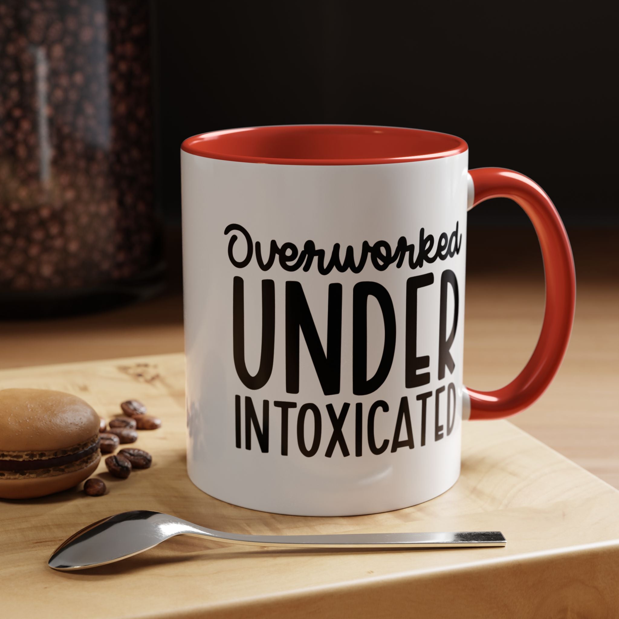 Funny Coffee Mug, Personalized Mug, Overworked Under Intoxicated Accent Cup (11, 15oz), Gift Under 20, White Elephant gift
