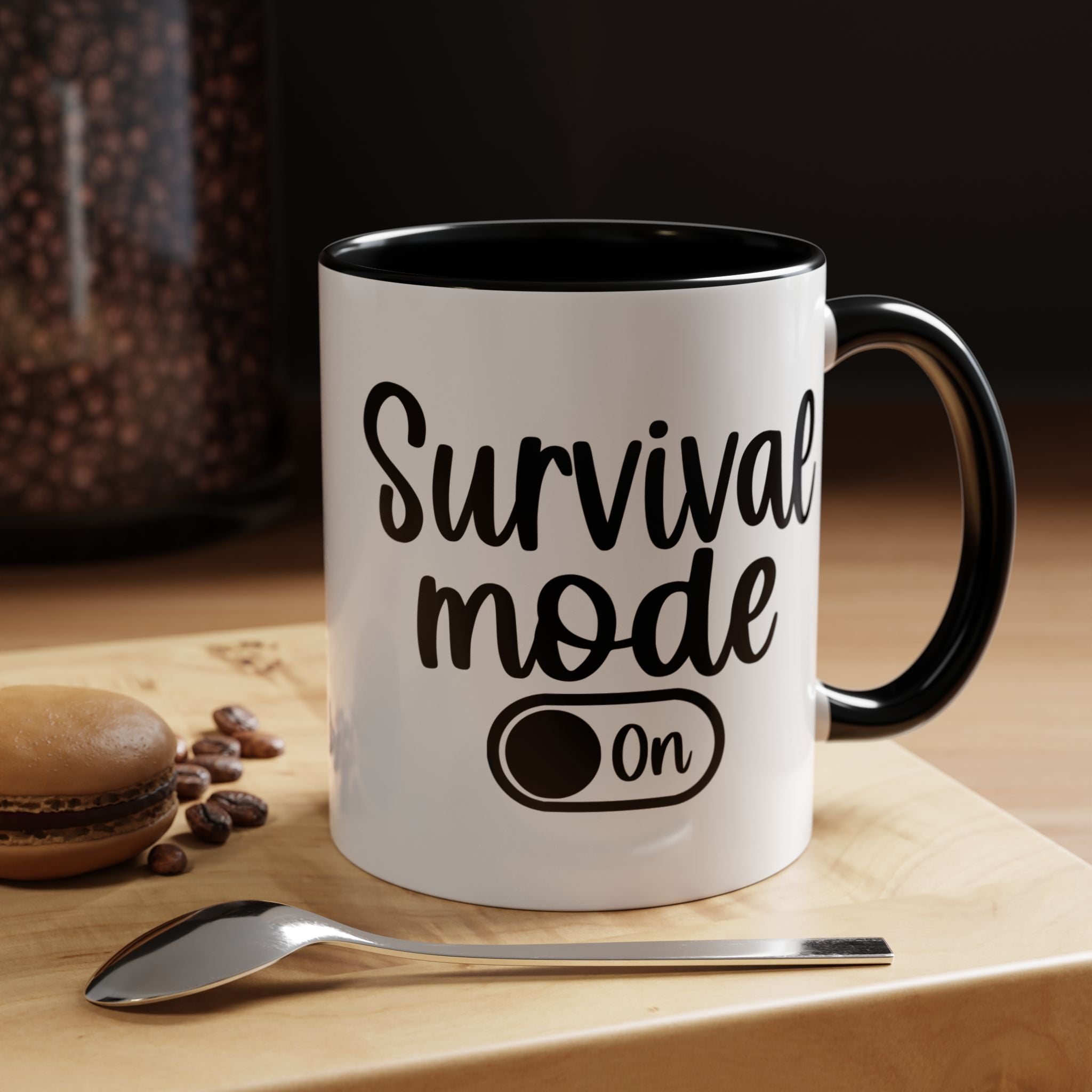Funny Coffee Mug, Personalized Mug, Survival Mode On Accent Cup (11, 15oz), Gift Under 20, White Elephant