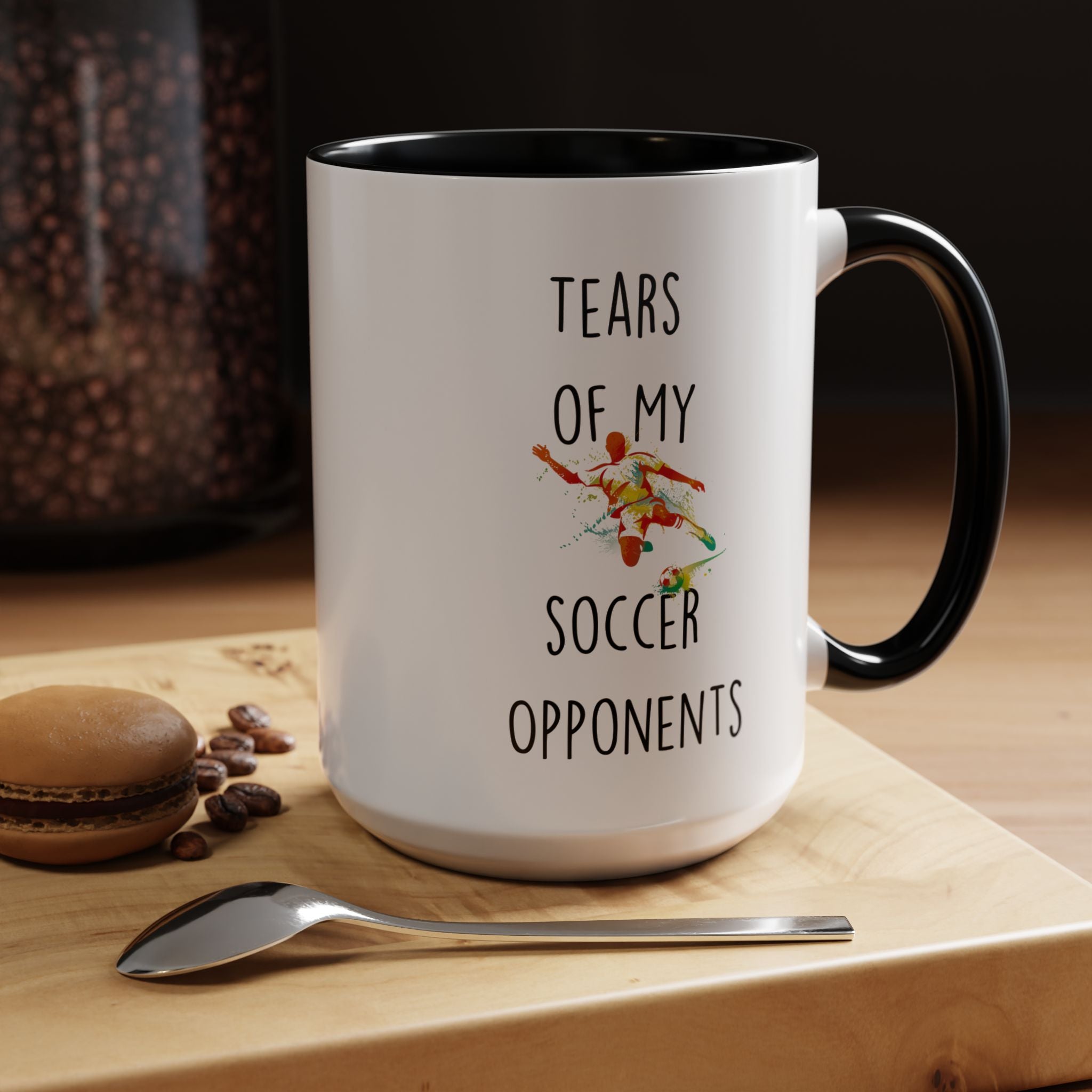 Personalized sarcastic coffee mug "Tears Of My Soccer Opponents" on table with spoon and macaron, perfect for white elephant gifts