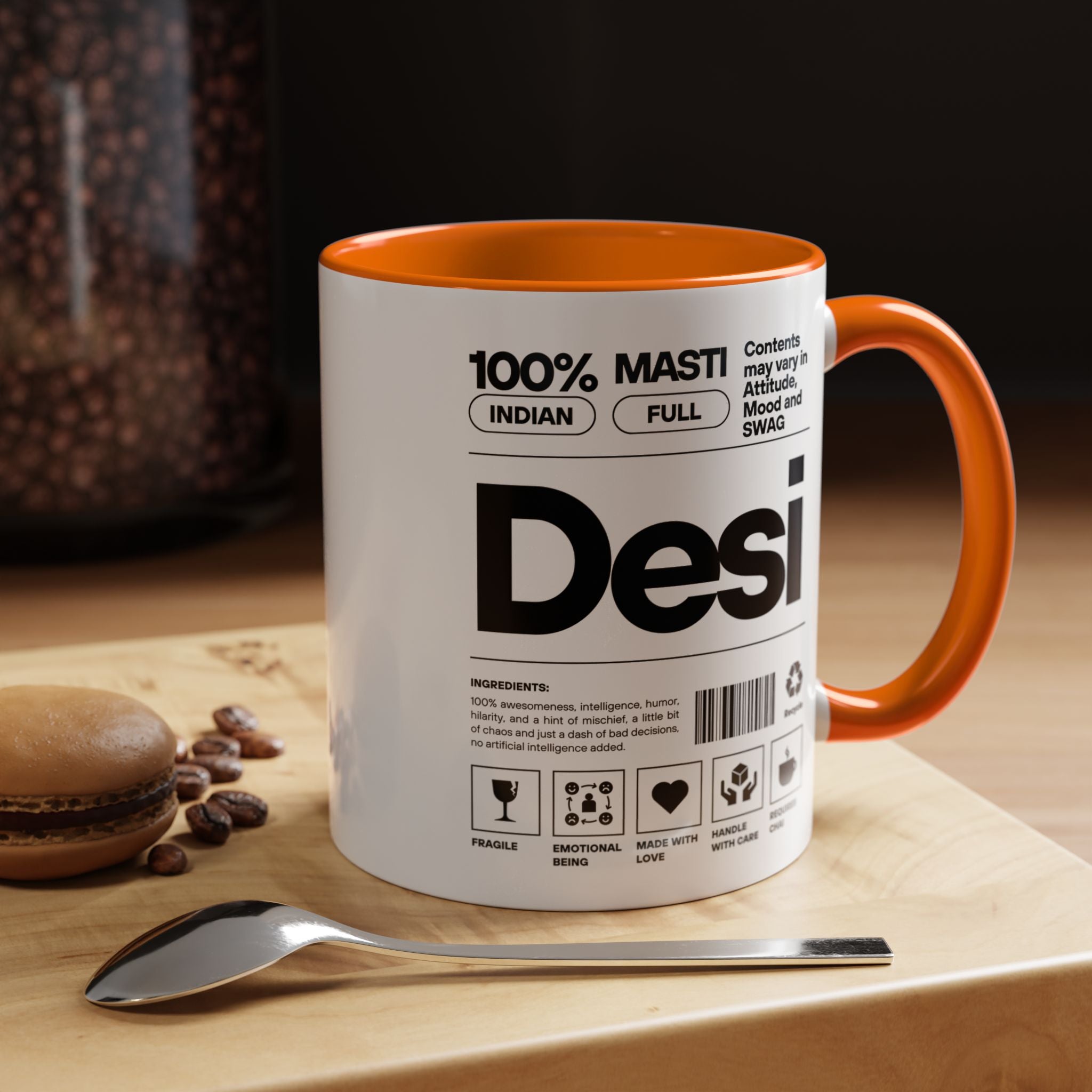 Funny Coffee Mug, Personalized Mug, Desi Roots Indian Accent Chai Cup (11/15oz), Gift Under 20, white elephant, brown humor