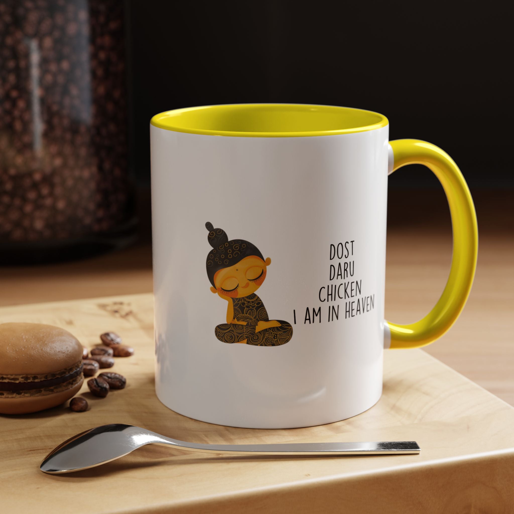 Funny Coffee Mug, Personalized Mug, Desi Roots Mug Dost Daru Chicken I am in Heaven Accent Cup (11/15oz), Gift Under 20, White Elephant