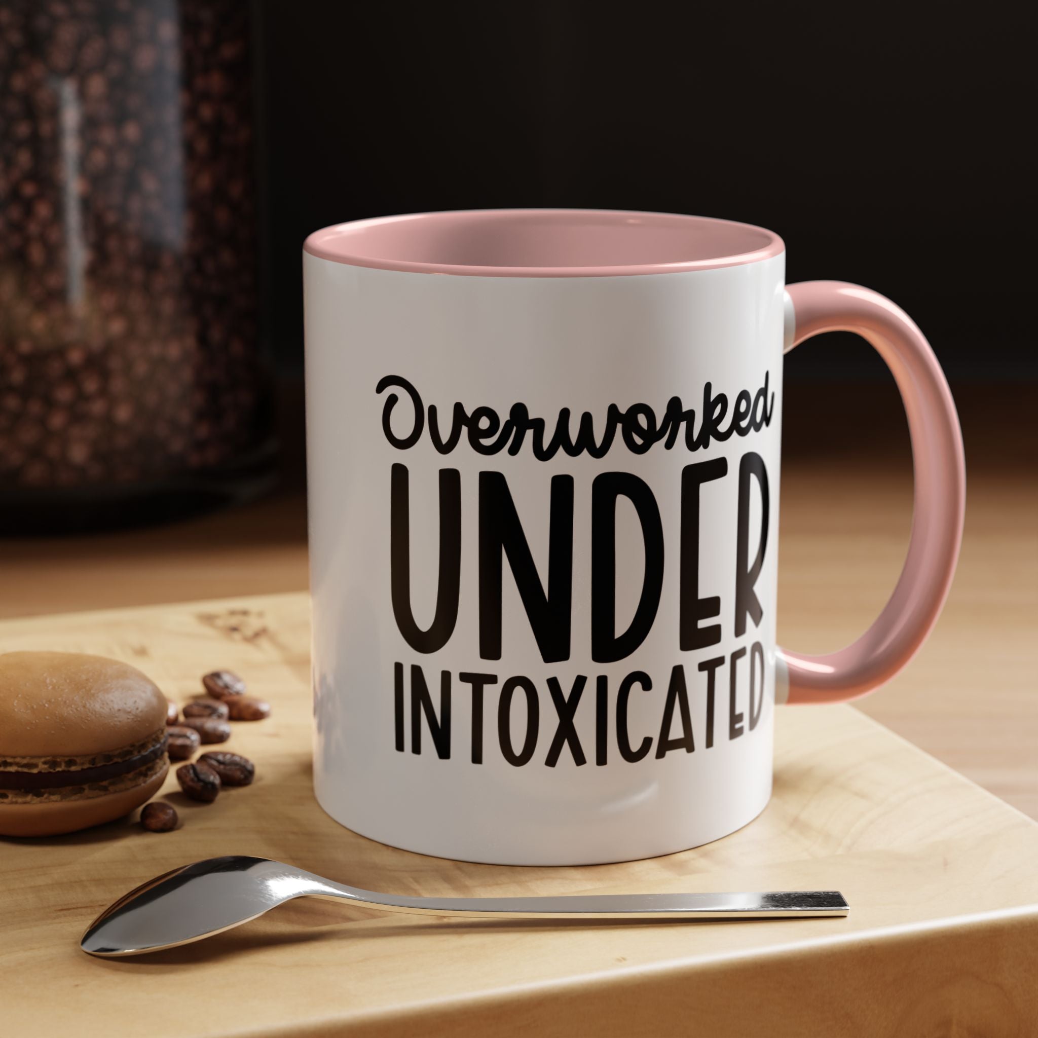 Funny Coffee Mug, Personalized Mug, Overworked Under Intoxicated Accent Cup (11, 15oz), Gift Under 20, White Elephant gift