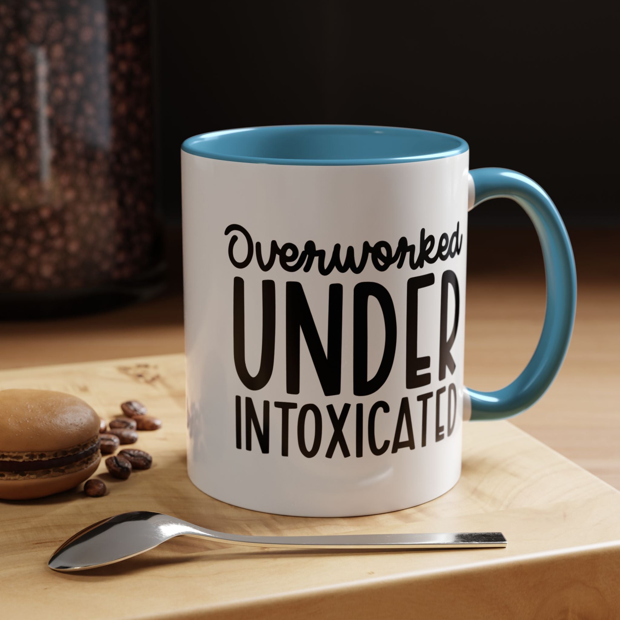 Funny Coffee Mug, Personalized Mug, Overworked Under Intoxicated Accent Cup (11, 15oz), Gift Under 20, White Elephant gift
