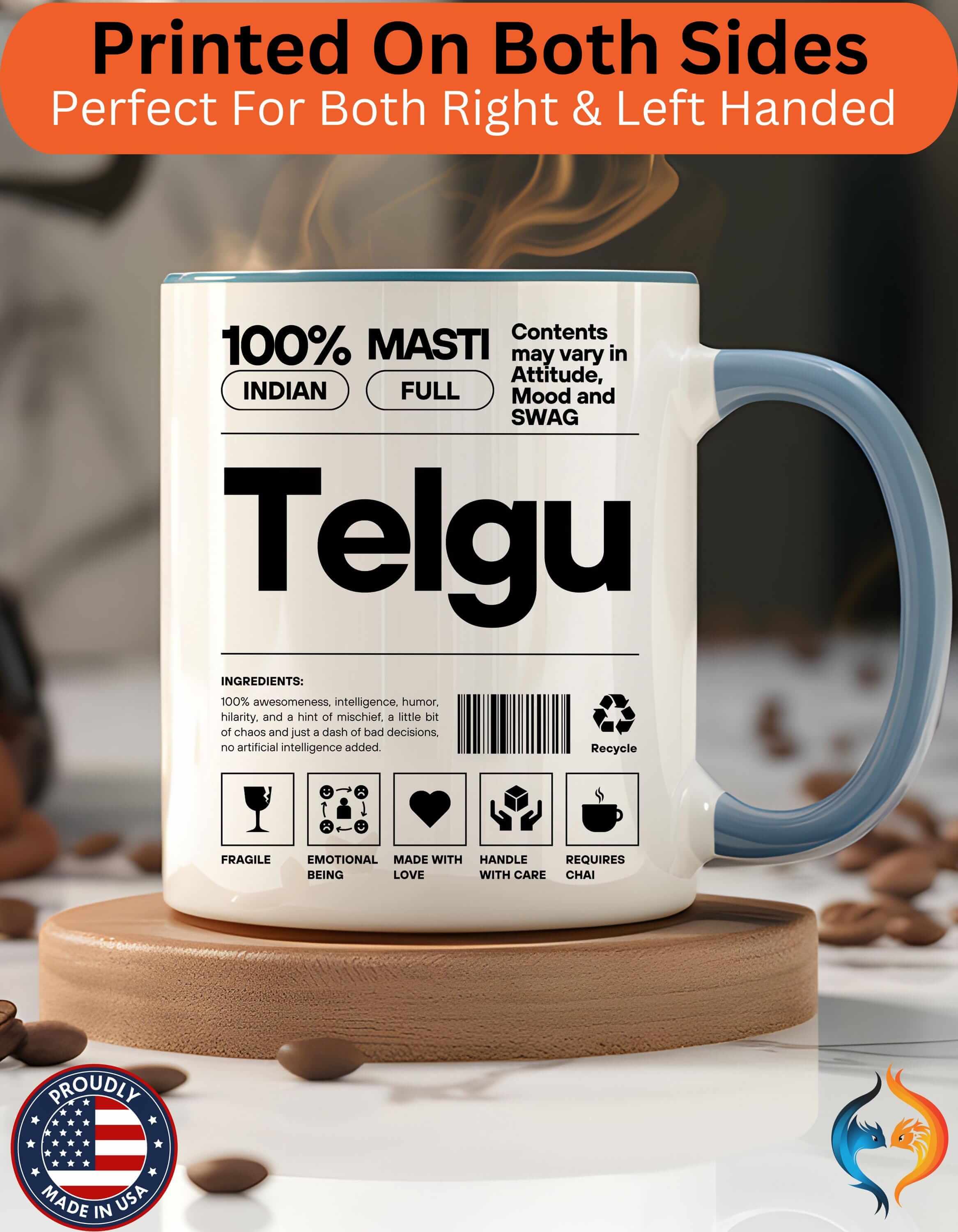Funny Coffee Mug, Personalized Mug, Telgu Desi Roots Indian Accent Chai Cup (11/15oz), Gift Under 20, white elephant, brown humor