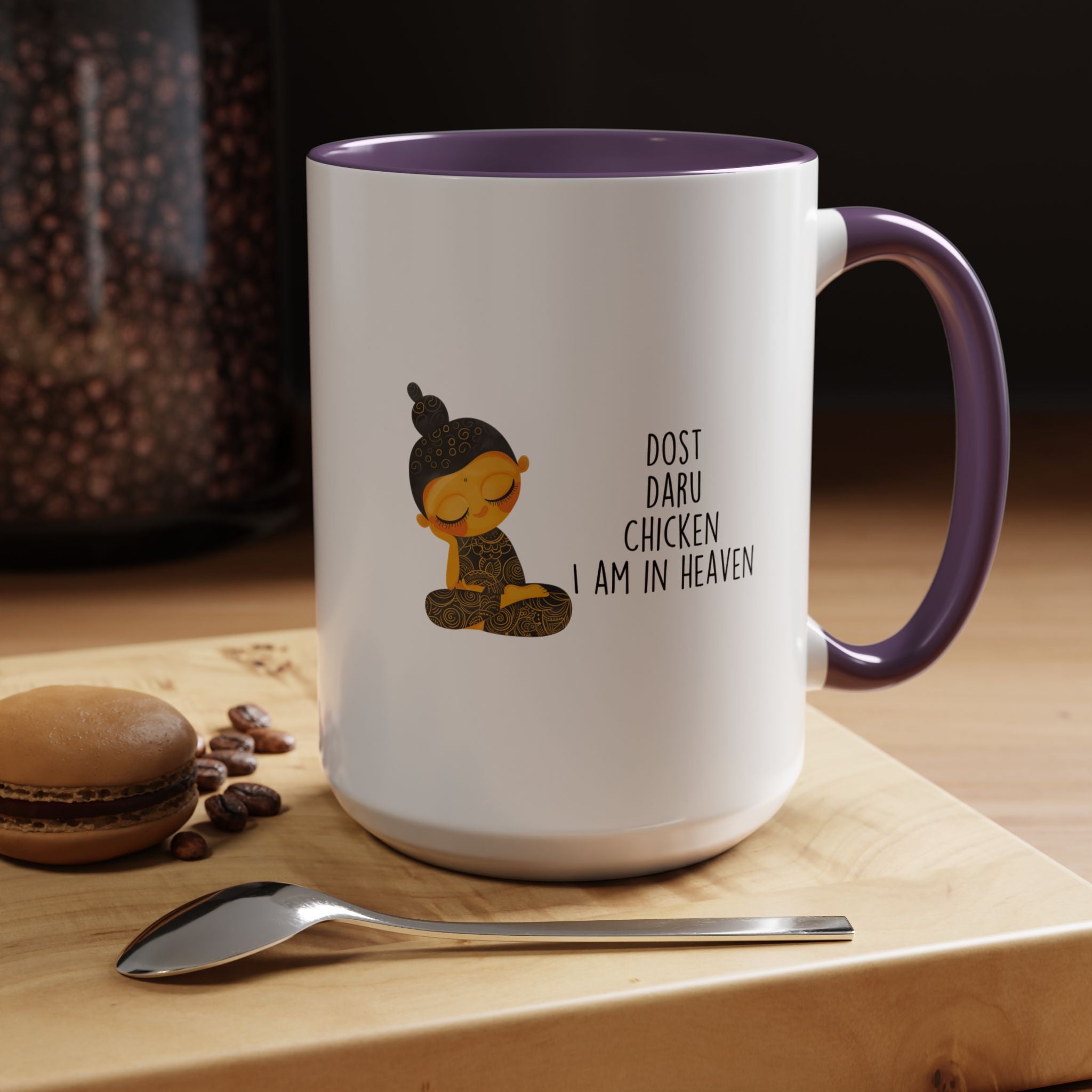 Funny Coffee Mug, Personalized Mug, Desi Roots Mug Dost Daru Chicken I am in Heaven Accent Cup (11/15oz), Gift Under 20, White Elephant
