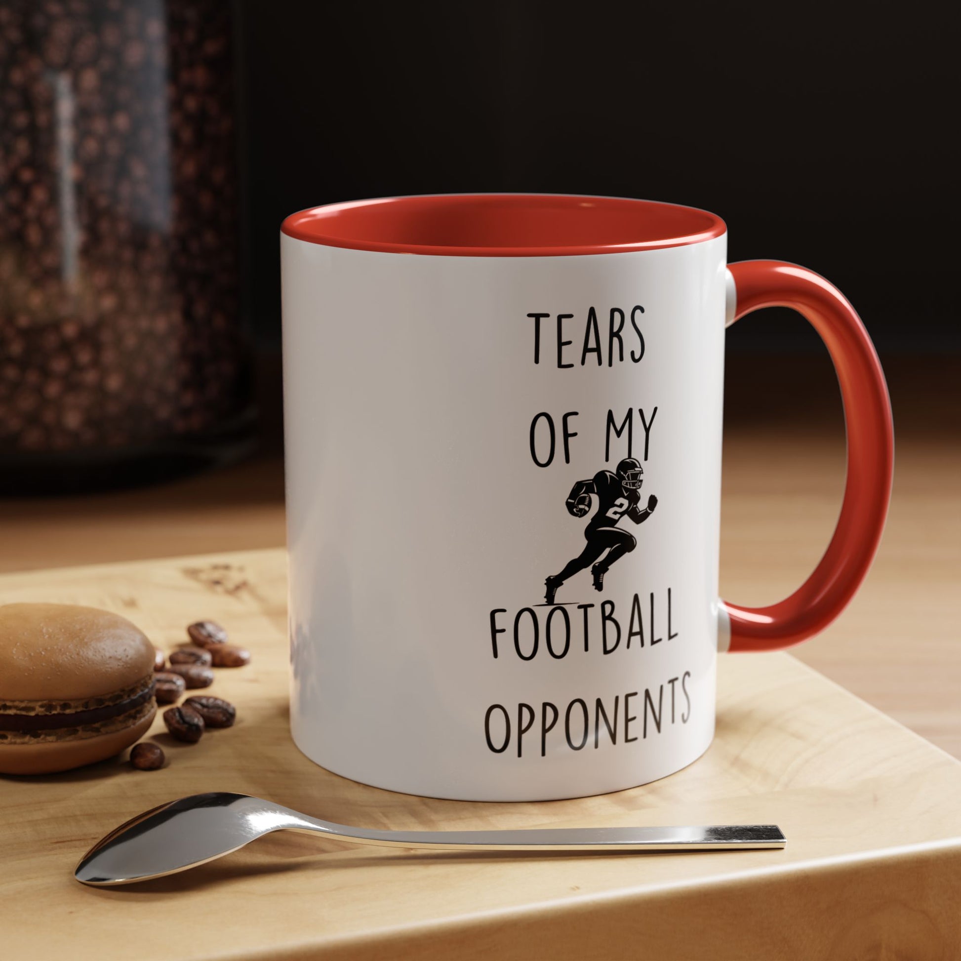 Personalized funny coffee mug, Tears Of My Football Opponents design on ceramic cup with spoon and macaroon.
