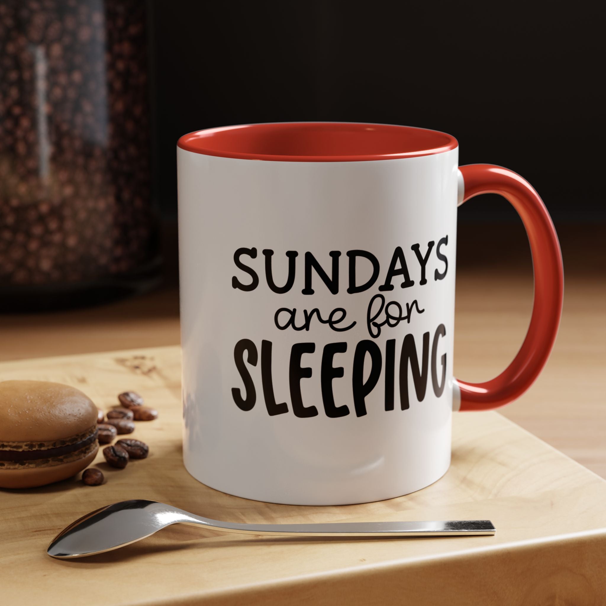 funny coffee mug gift with 'Sundays Are For Sleeping' text, perfect for tea or cocoa. Ceramic, dishwasher safe. Unique and sarcastic design.