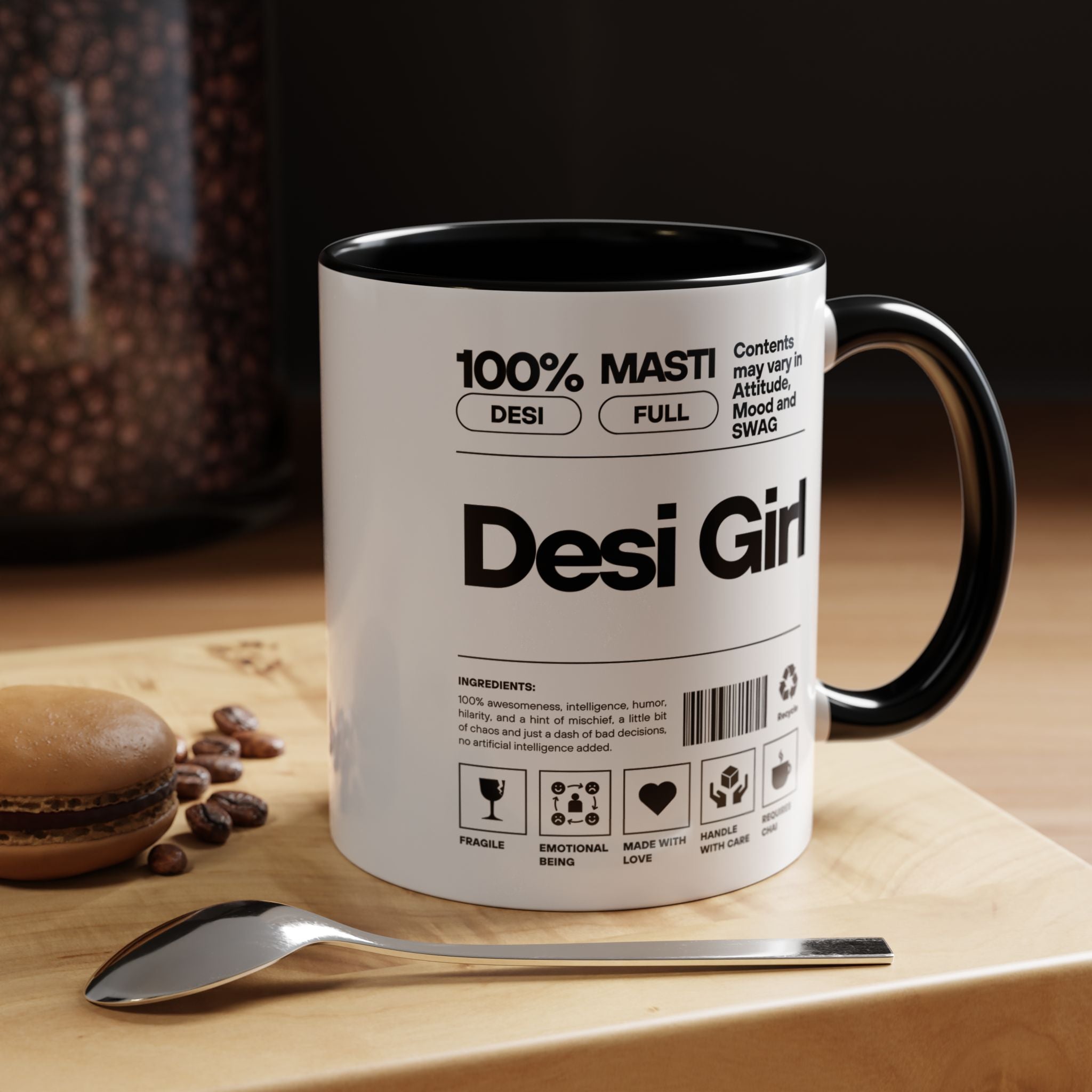 Funny Coffee Mug, Personalized Mug, Desi Girl Desi Roots Indian Accent Chai Cup (11/15oz), Gift Under 20, white elephant, brown humor