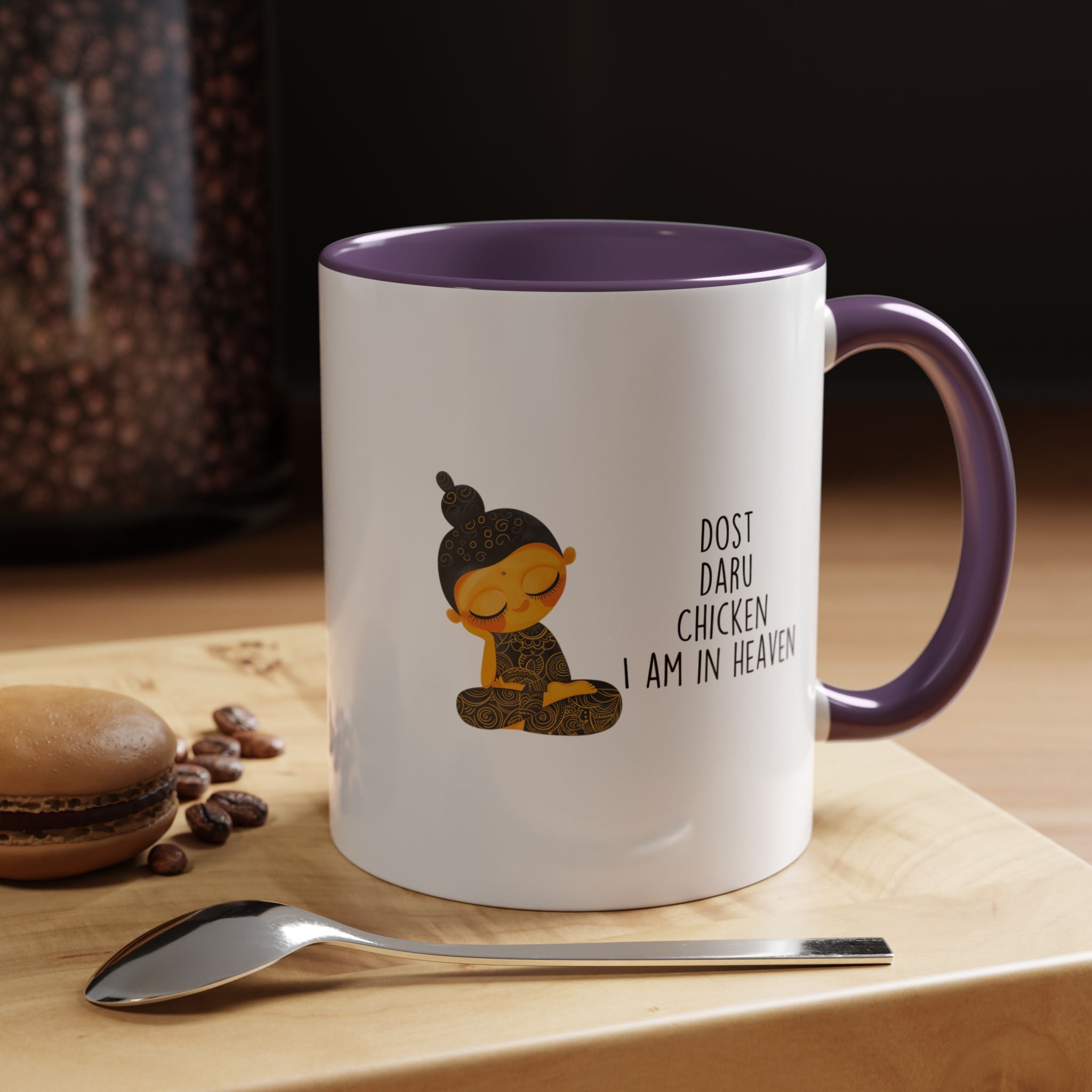 Funny Coffee Mug, Personalized Mug, Desi Roots Mug Dost Daru Chicken I am in Heaven Accent Cup (11/15oz), Gift Under 20, White Elephant