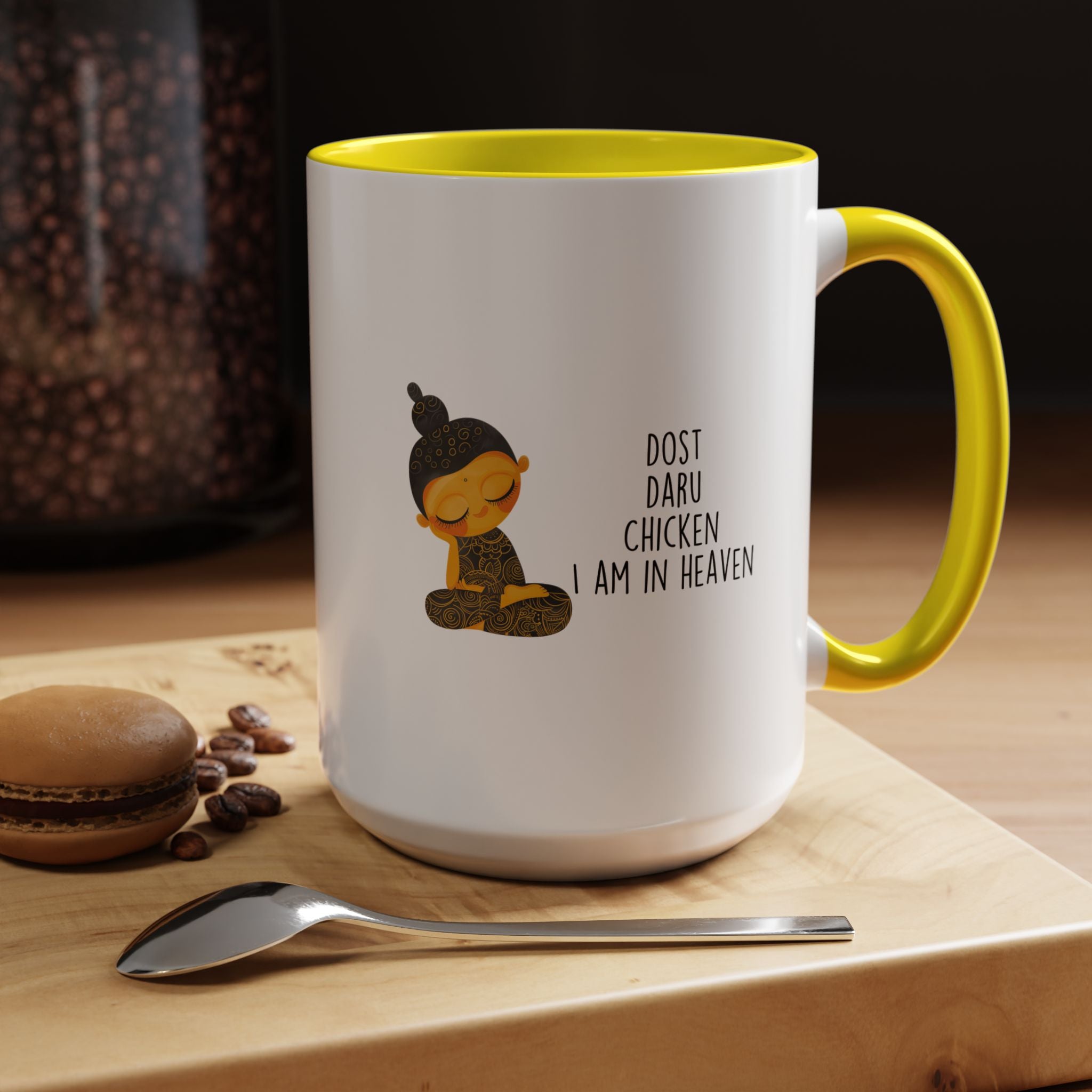 Funny Coffee Mug, Personalized Mug, Desi Roots Mug Dost Daru Chicken I am in Heaven Accent Cup (11/15oz), Gift Under 20, White Elephant