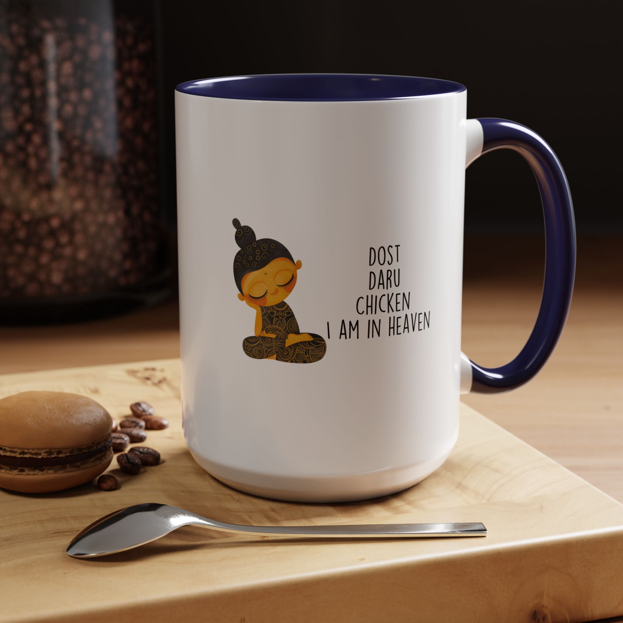 Funny Coffee Mug, Personalized Mug, Desi Roots Mug Dost Daru Chicken I am in Heaven Accent Cup (11/15oz), Gift Under 20, White Elephant