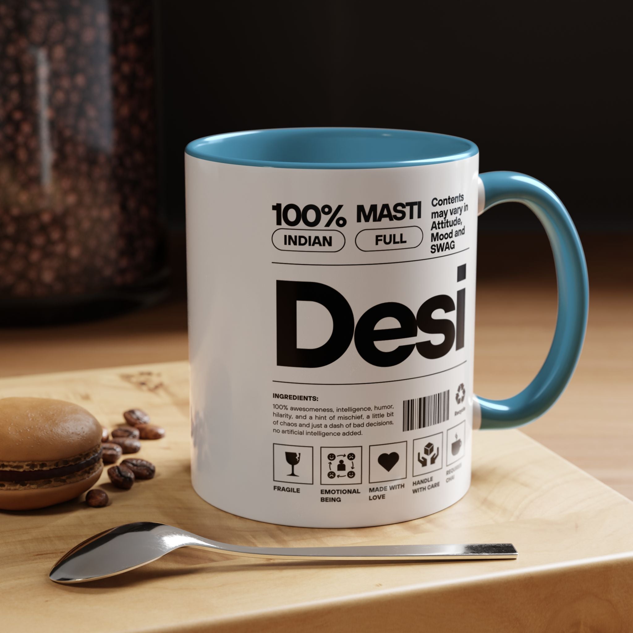 Funny Coffee Mug, Personalized Mug, Desi Roots Indian Accent Chai Cup (11/15oz), Gift Under 20, white elephant, brown humor