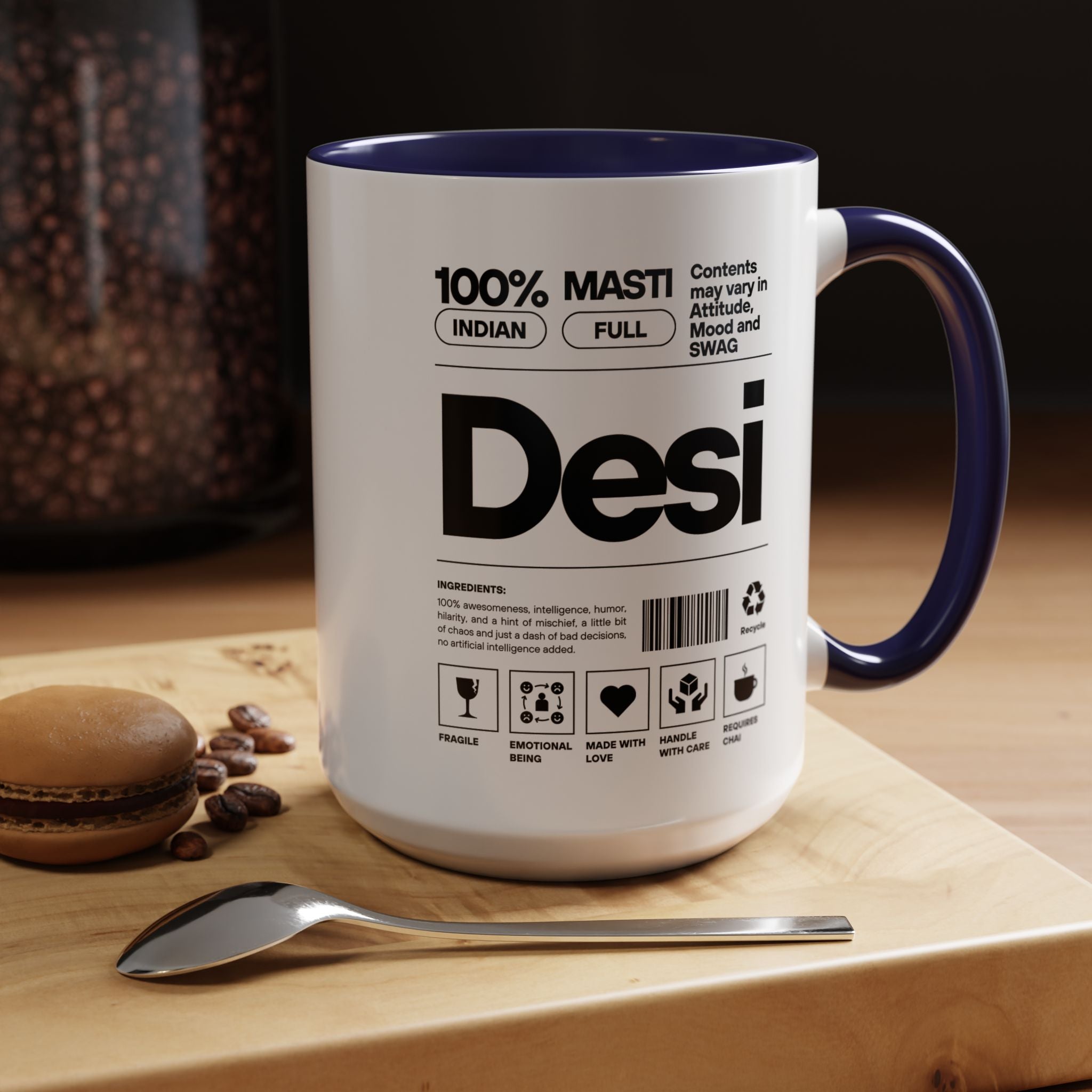 Funny Coffee Mug, Personalized Mug, Desi Roots Indian Accent Chai Cup (11/15oz), Gift Under 20, white elephant, brown humor