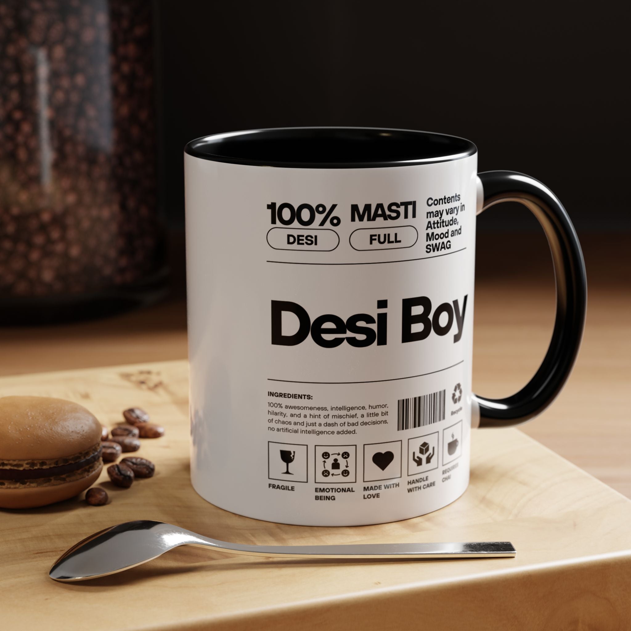 Funny Coffee Mug, Personalized Mug, Desi Boy Desi Roots Indian Accent Chai Cup (11/15oz), Gift Under 20, white elephant, brown humor
