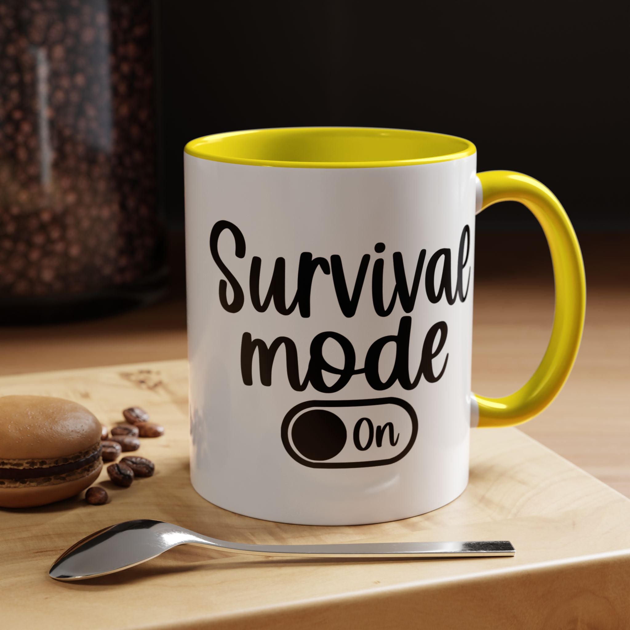 Funny Coffee Mug, Personalized Mug, Survival Mode On Accent Cup (11, 15oz), Gift Under 20, White Elephant