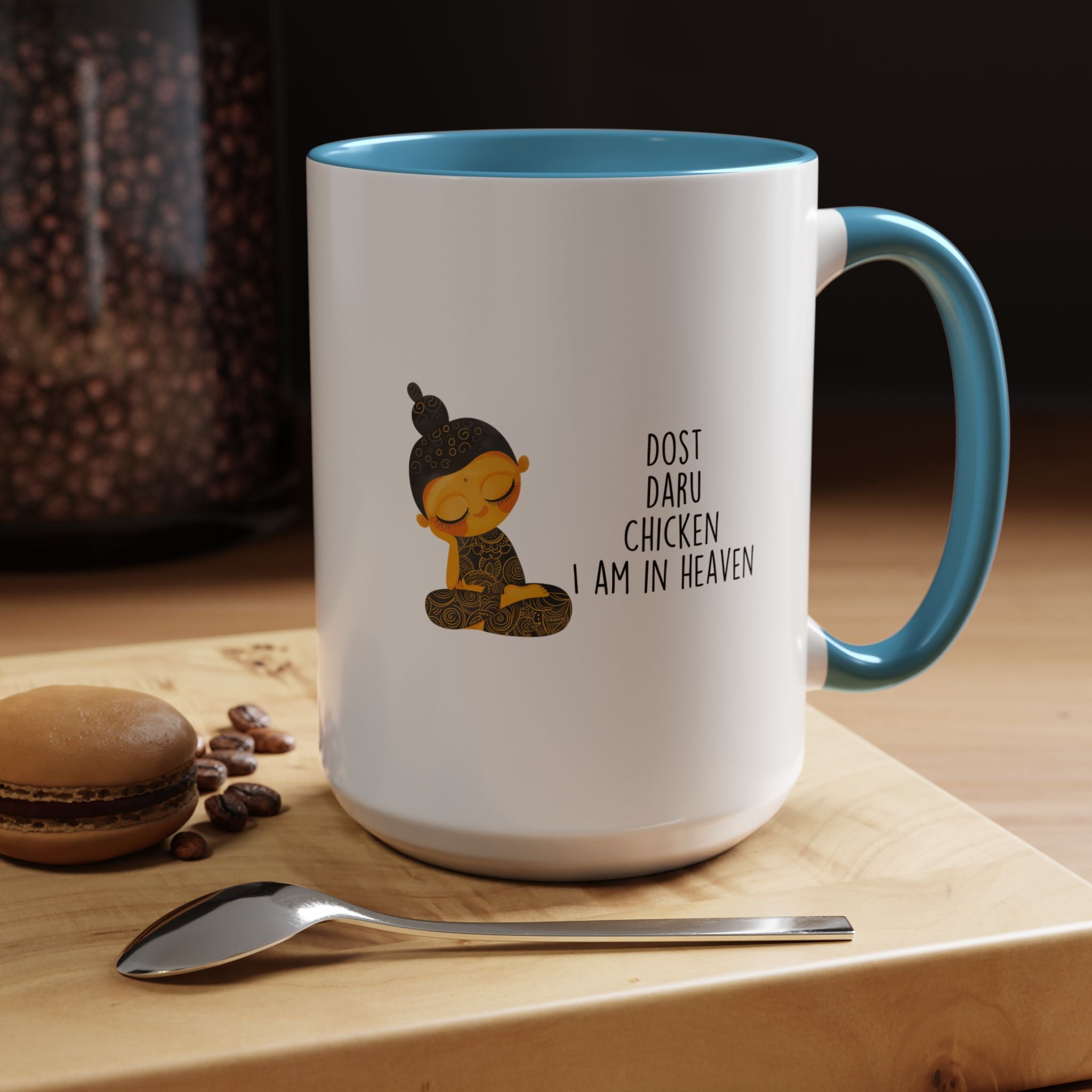 Funny Coffee Mug, Personalized Mug, Desi Roots Mug Dost Daru Chicken I am in Heaven Accent Cup (11/15oz), Gift Under 20, White Elephant