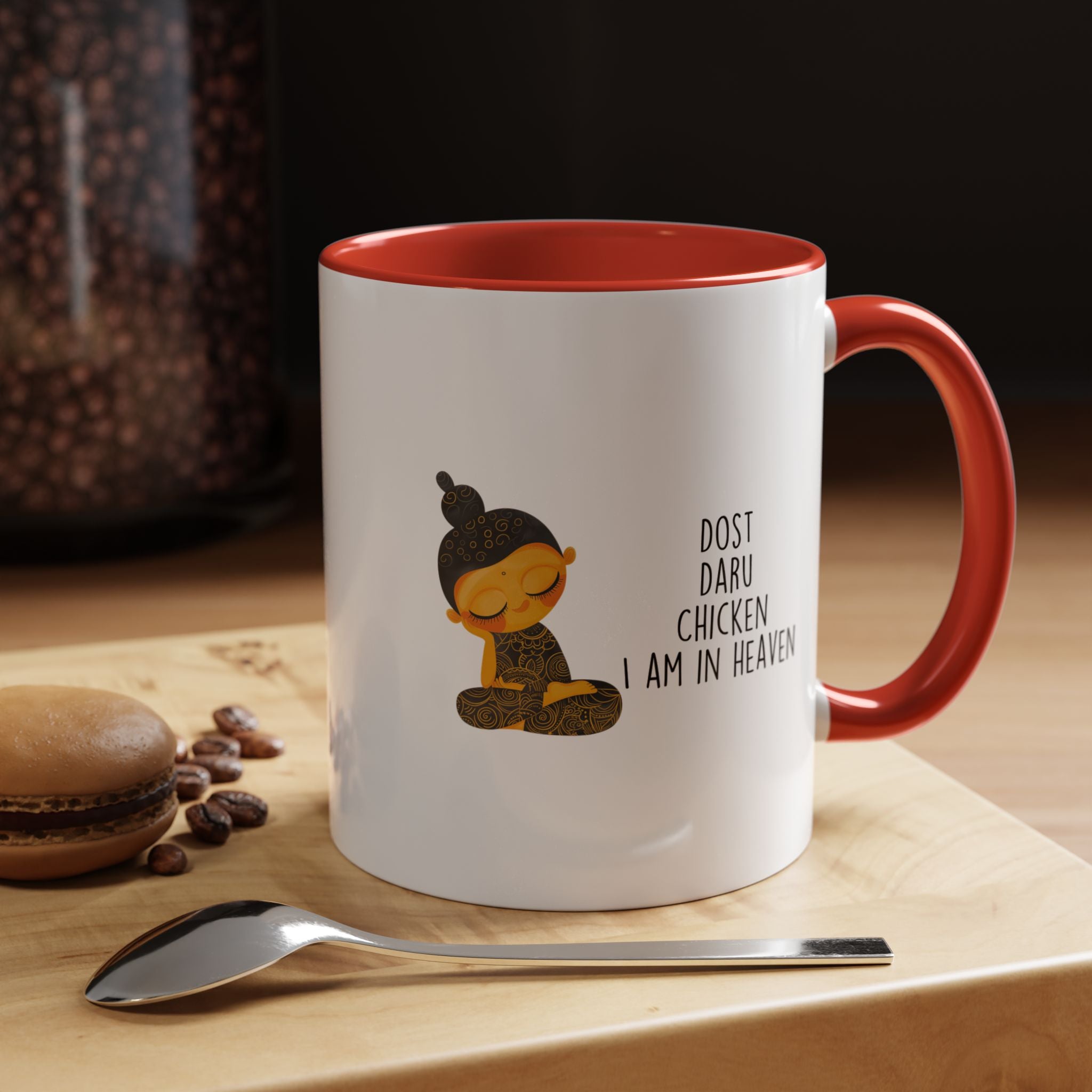 Funny Coffee Mug, Personalized Mug, Desi Roots Mug Dost Daru Chicken I am in Heaven Accent Cup (11/15oz), Gift Under 20, White Elephant
