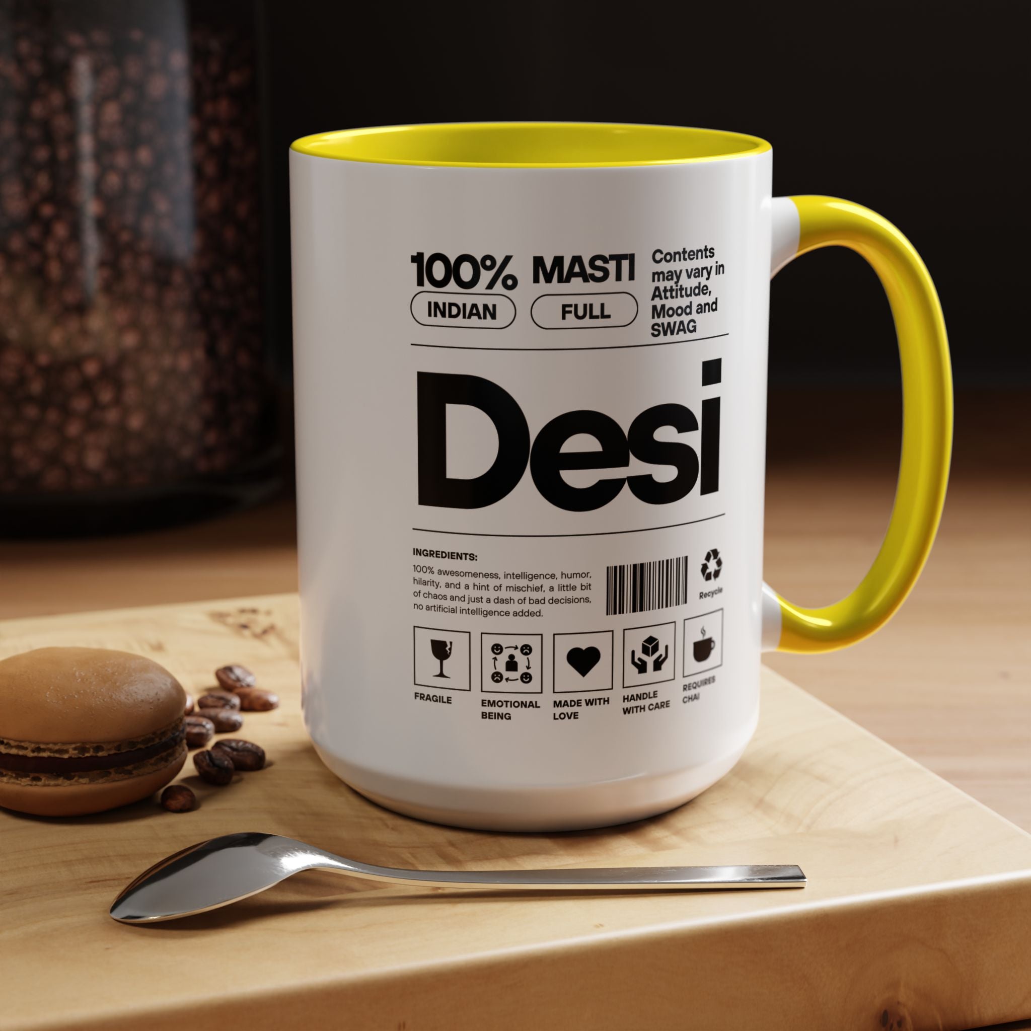 Funny Coffee Mug, Personalized Mug, Desi Roots Indian Accent Chai Cup (11/15oz), Gift Under 20, white elephant, brown humor