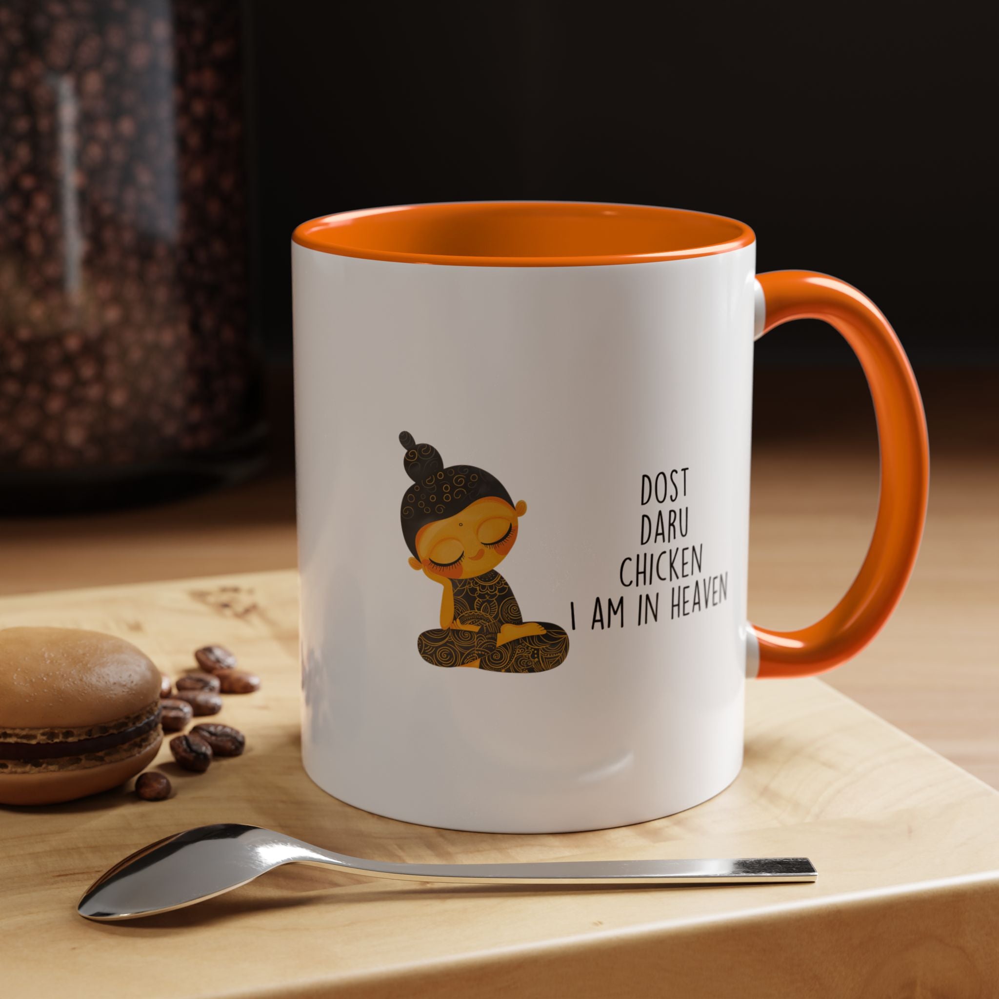 Funny Coffee Mug, Personalized Mug, Desi Roots Mug Dost Daru Chicken I am in Heaven Accent Cup (11/15oz), Gift Under 20, White Elephant