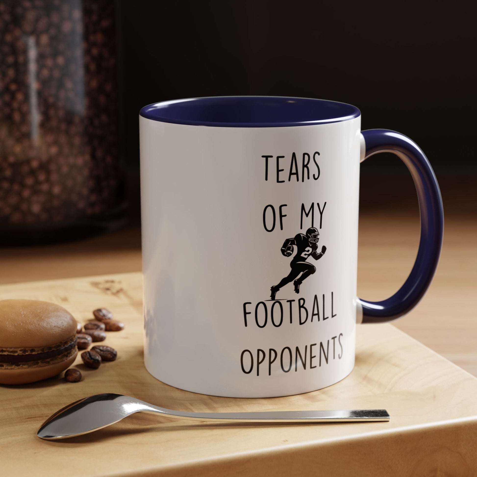 Personalized funny coffee mug with 'Tears Of My Football Opponents' design, perfect for sports fans. Available in 11oz or 15oz sizes.