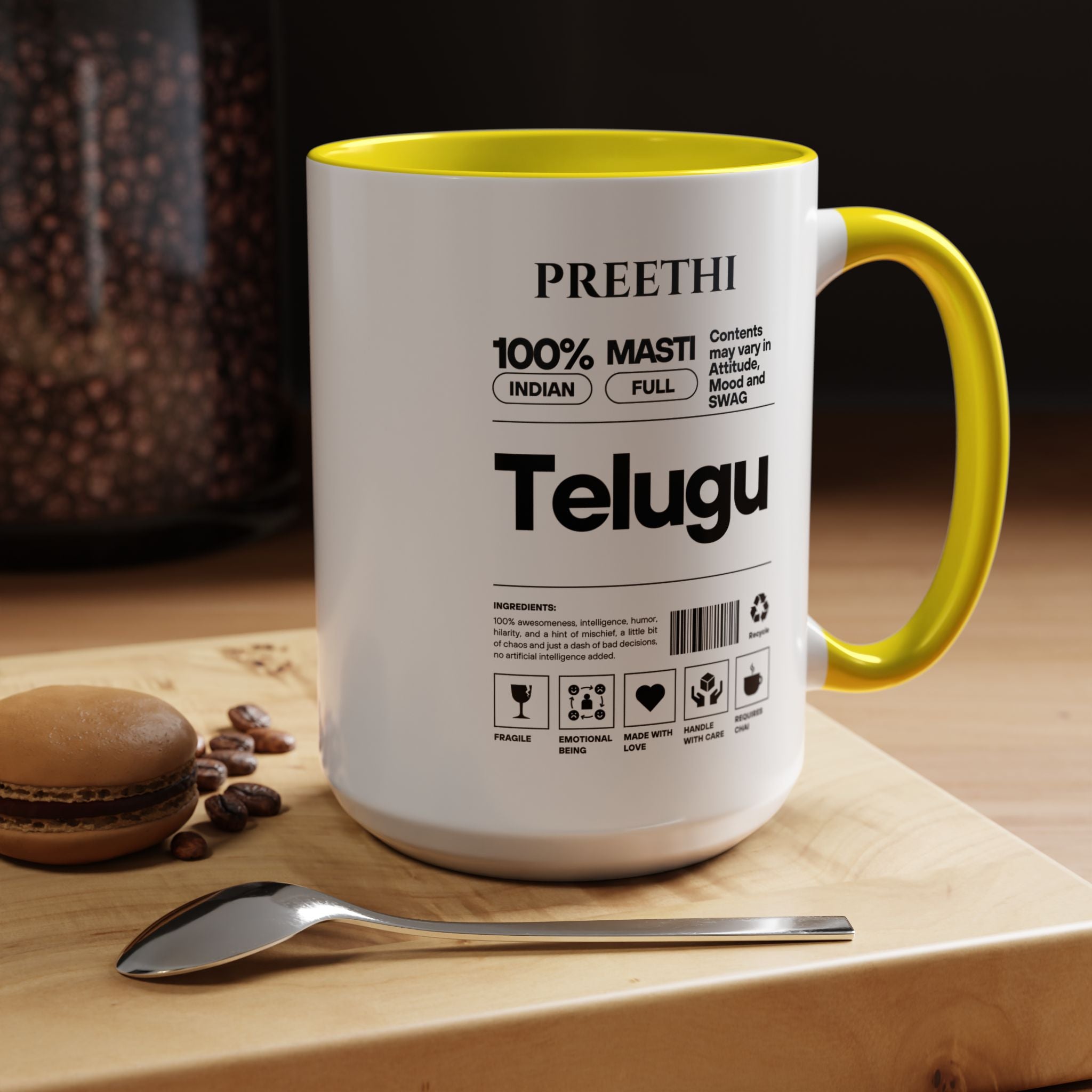 Funny Coffee Mug, Personalized Mug, Telgu Desi Roots Indian Accent Chai Cup (11/15oz), Gift Under 20, white elephant, brown humor