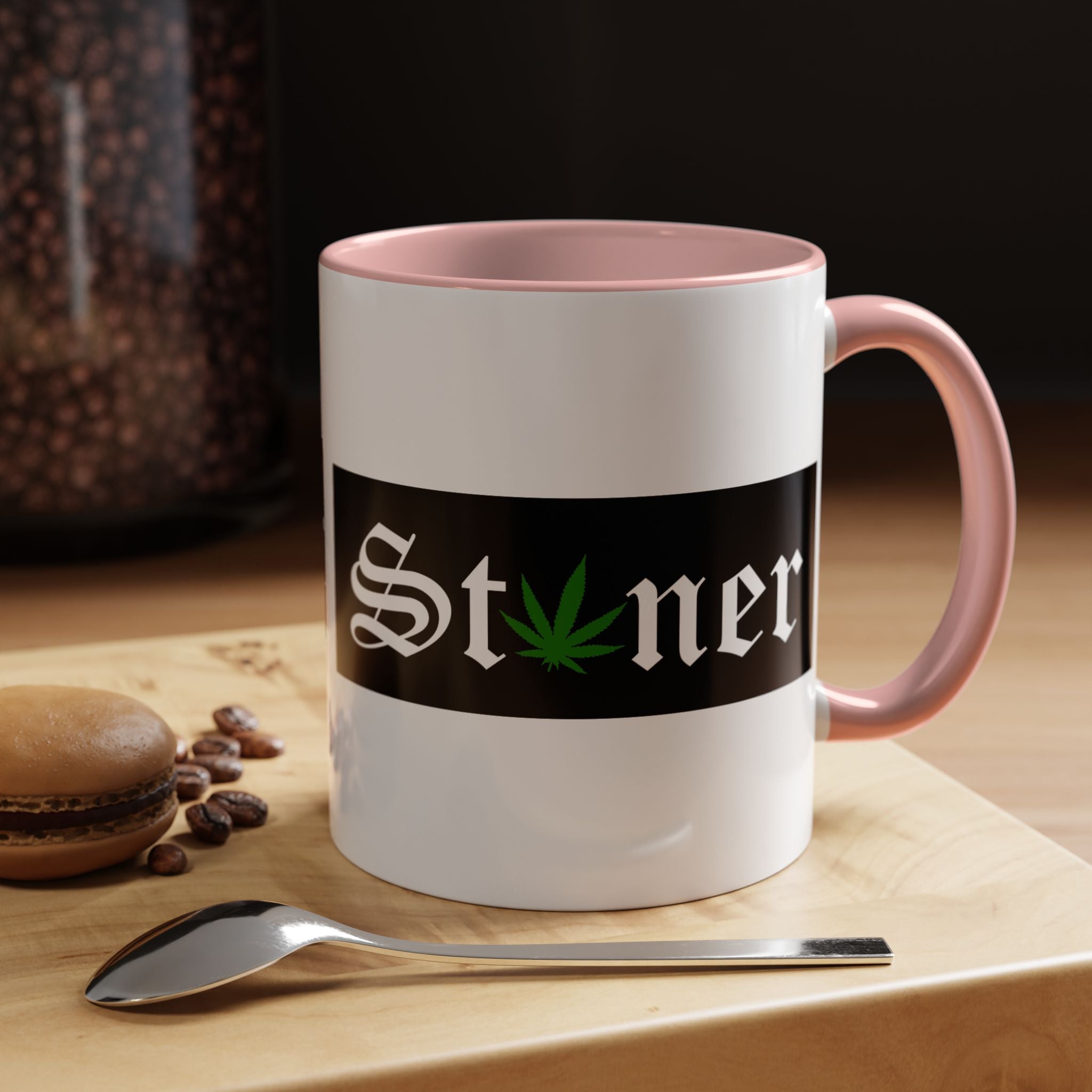 Pink accented funny stoner mug with cannabis leaf design, perfect unique gift for coffee or tea lovers, ceramic, dishwasher safe.