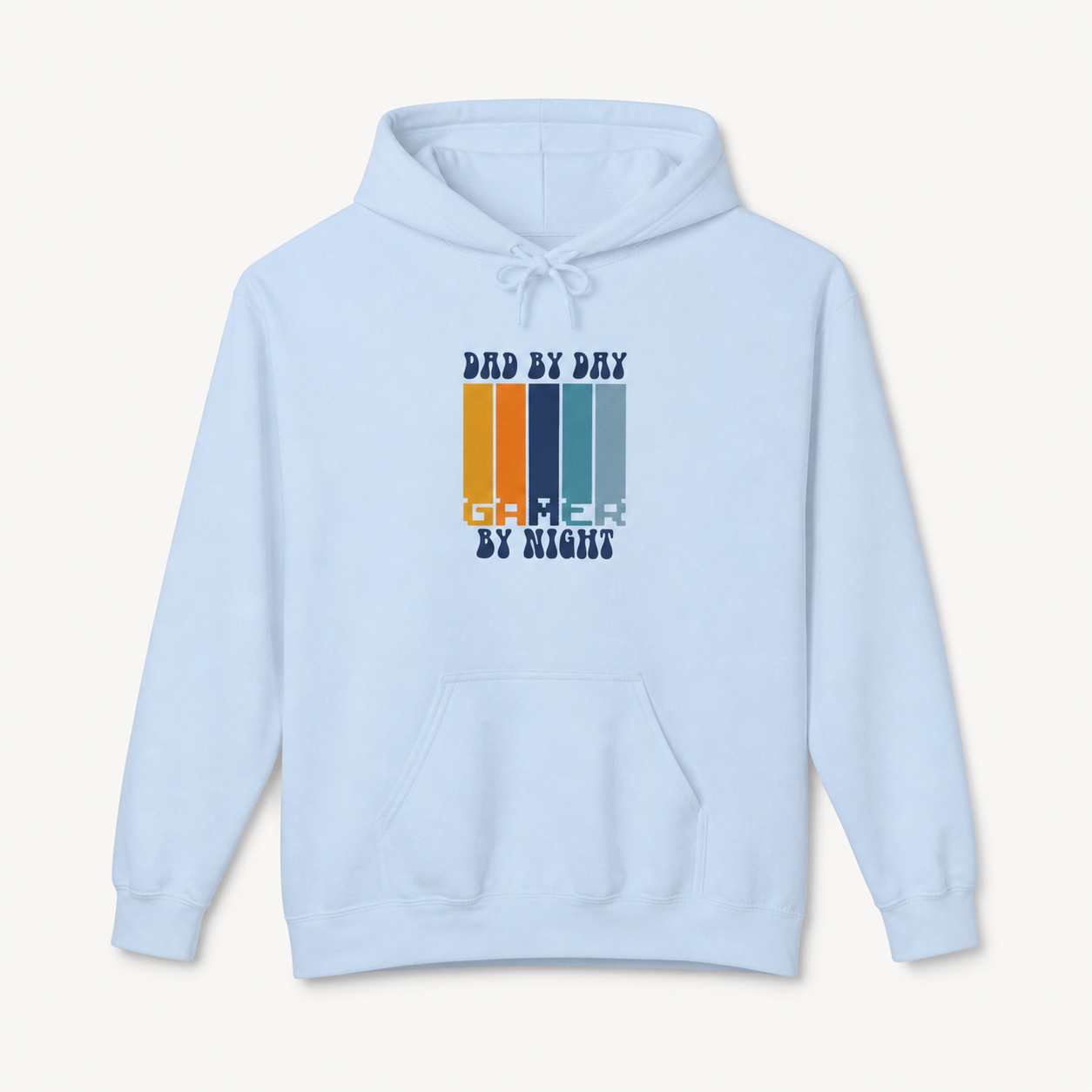 Gaming Dad, Dad by Day Gamer by Night retro graphic on light blue hoodie, front product image