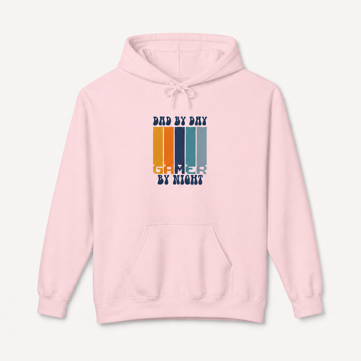 Gaming Dad, Dad by Day Gamer by Night retro graphic on light pink hoodie, front product image