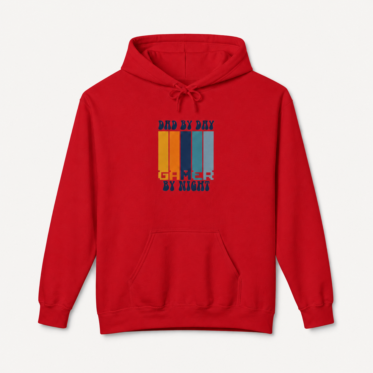 Gaming Dad, Dad by Day Gamer by Night retro graphic on red hoodie, front product image