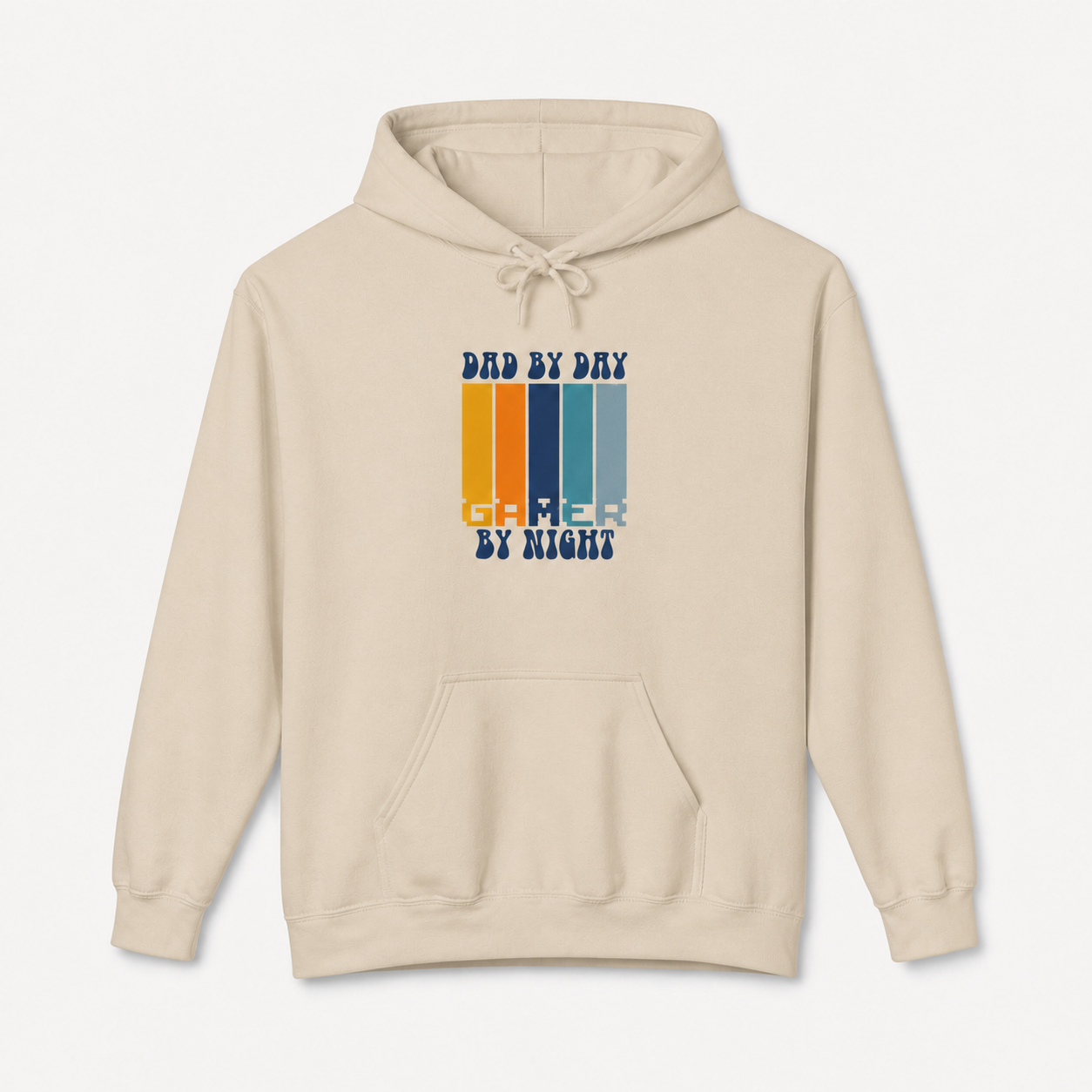 Gaming Dad, Dad by Day Gamer by Night retro graphic on sand hoodie, front product image