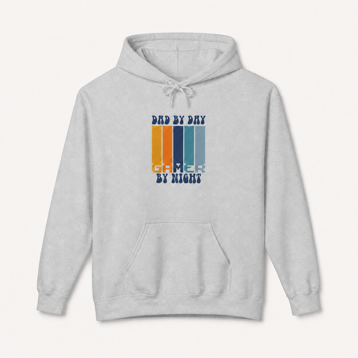 Gaming Dad, Dad by Day Gamer by Night retro graphic on sport grey hoodie, front product image