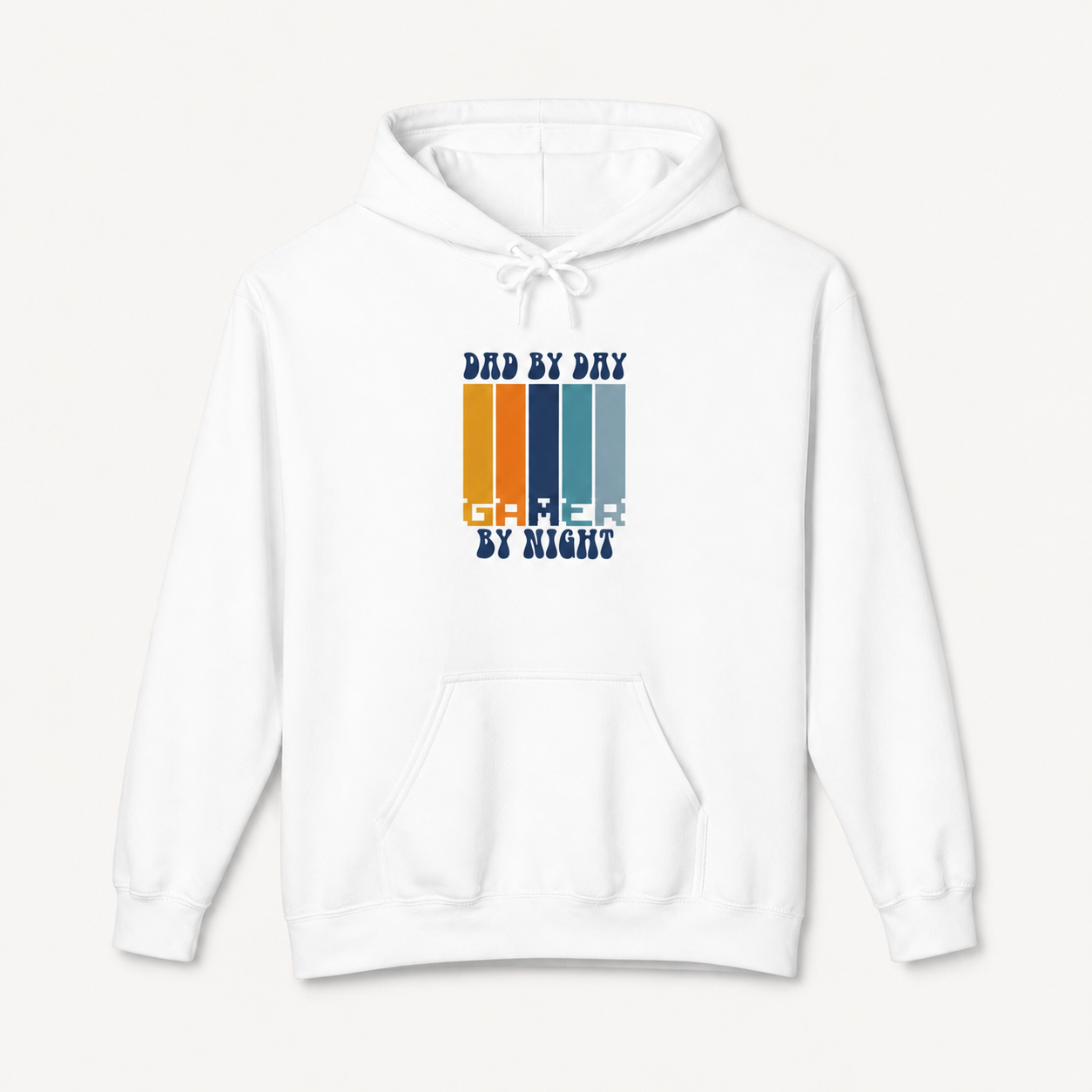 Gaming Dad, Dad by Day Gamer by Night retro graphic on white hoodie, front product image
