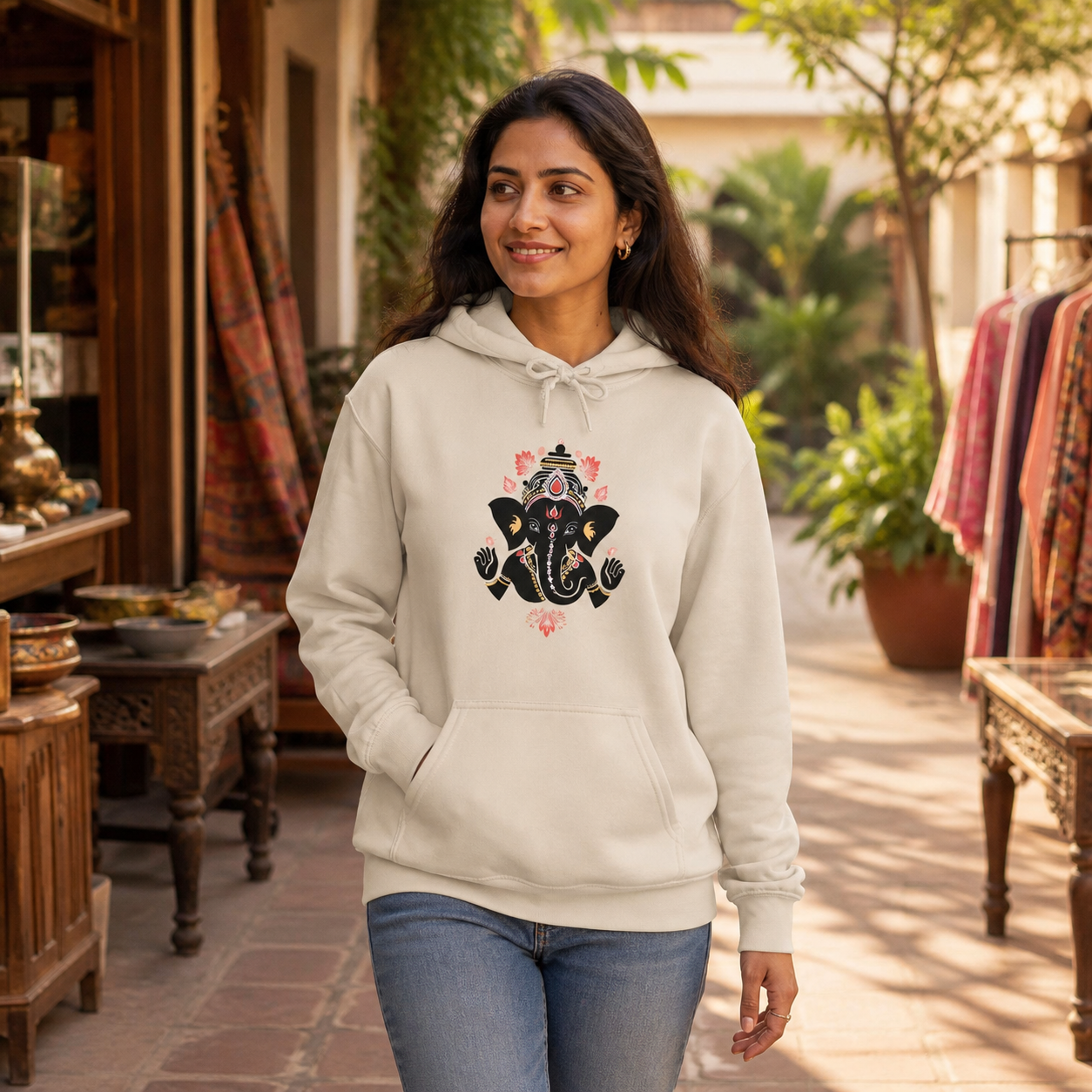 Young Indian woman wearing a cream Ganesha graphic hoodie at an artisan market