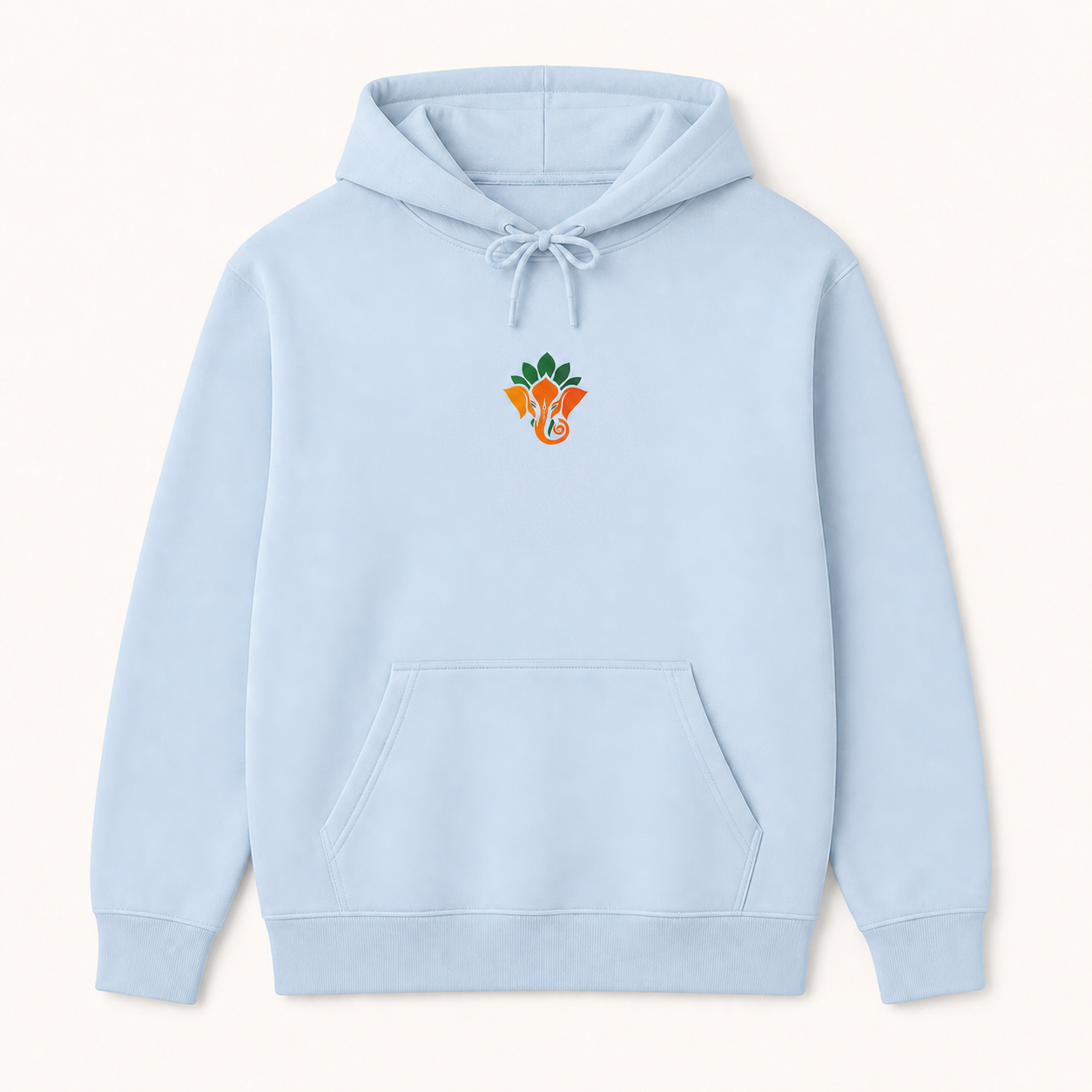 Ganesha lotus Indian elephant symbol graphic light blue hoodie front product image