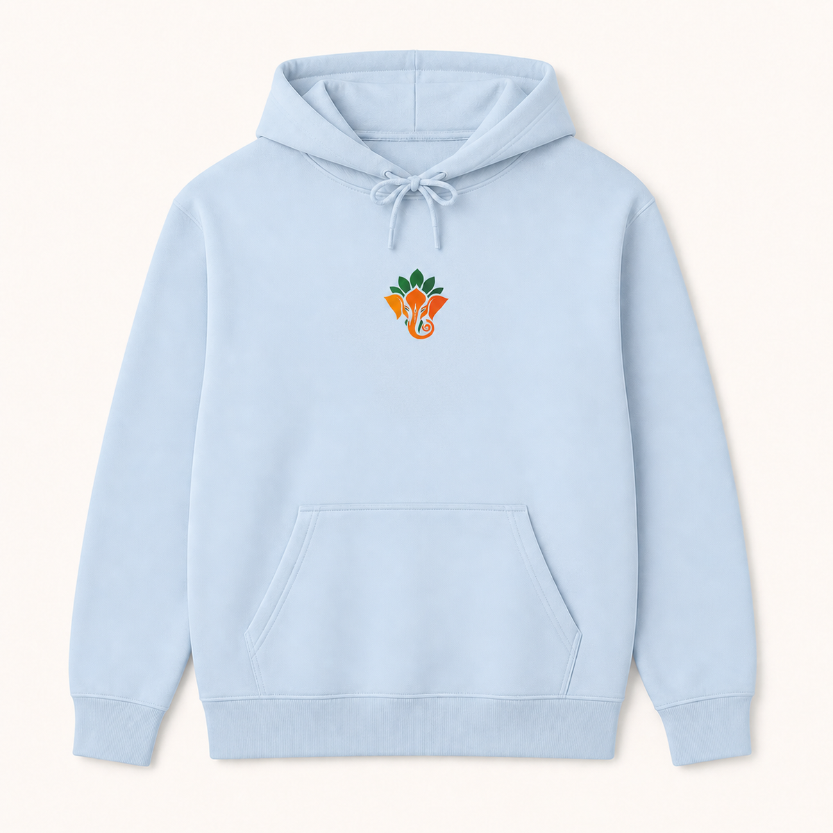 Ganesha lotus Indian elephant symbol graphic light blue hoodie front product image